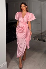 Drew Puff Sleeve Wrap Front Midi Dress Pink