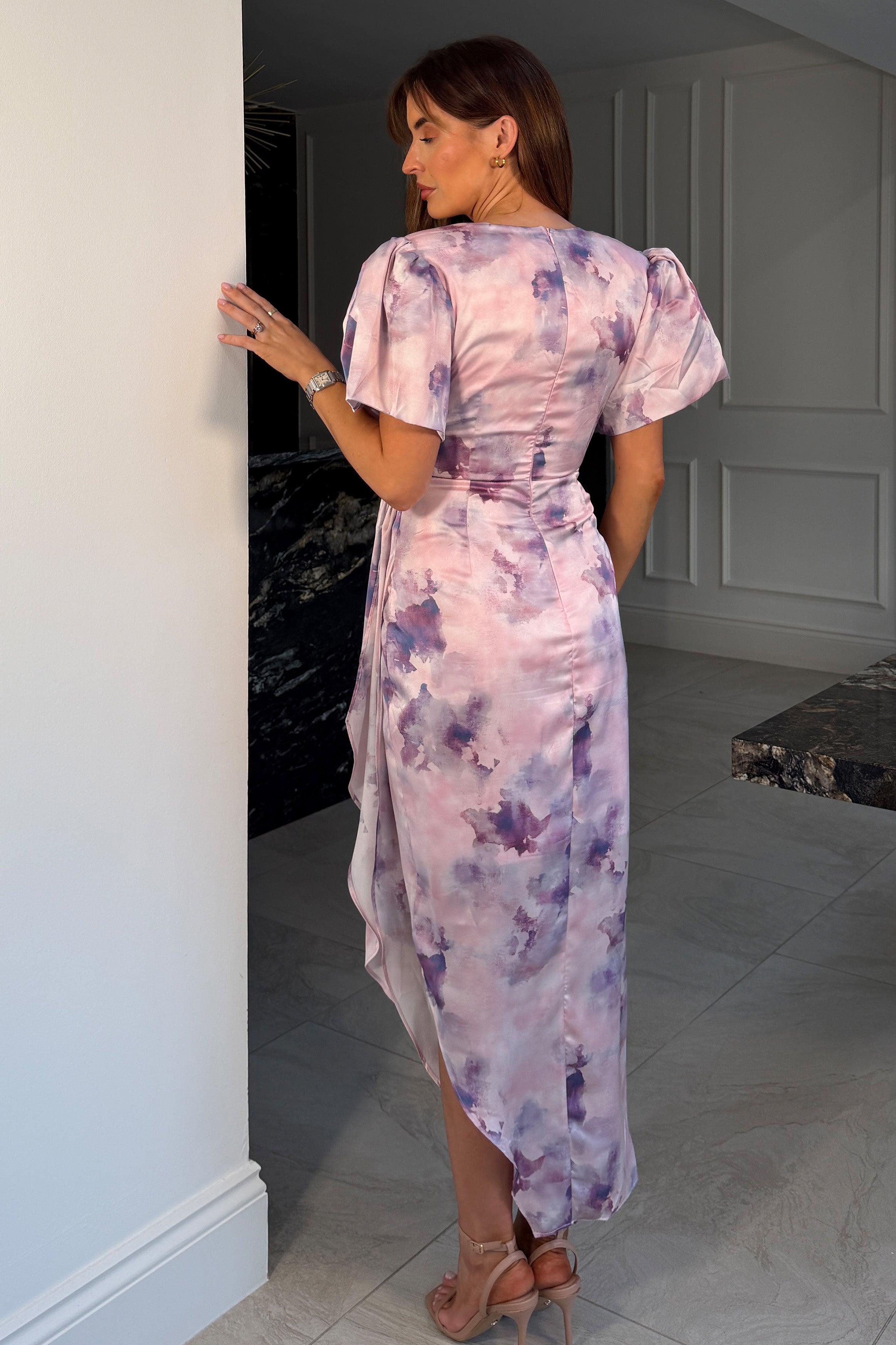 Drew Puff Sleeve Wrap Front Midi Dress Purple Marble