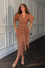 Drew Puff Sleeve Wrap Front Midi Dress Brown Spot