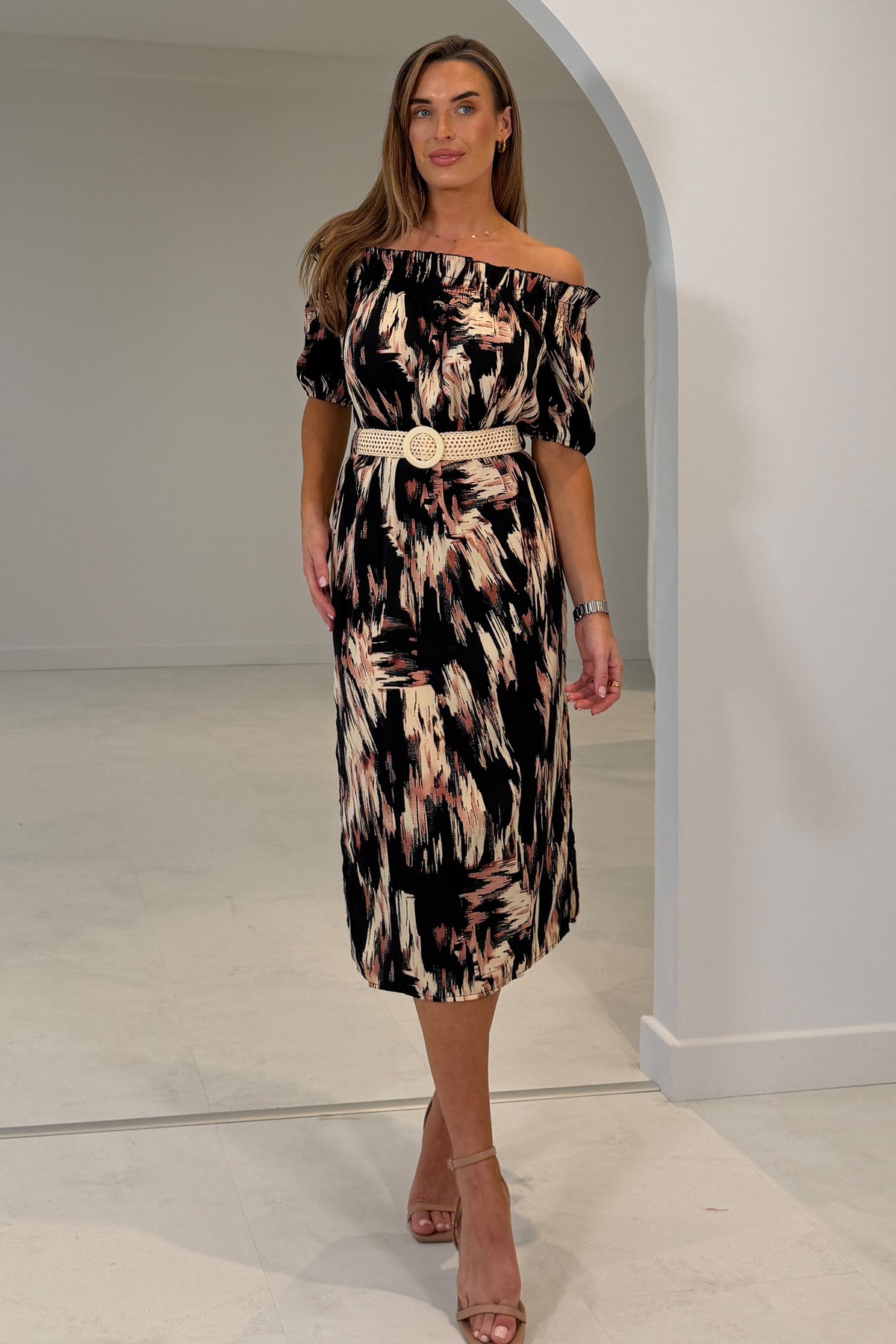 Jordana Off the Shoulder Midi Dress Brown Abstract