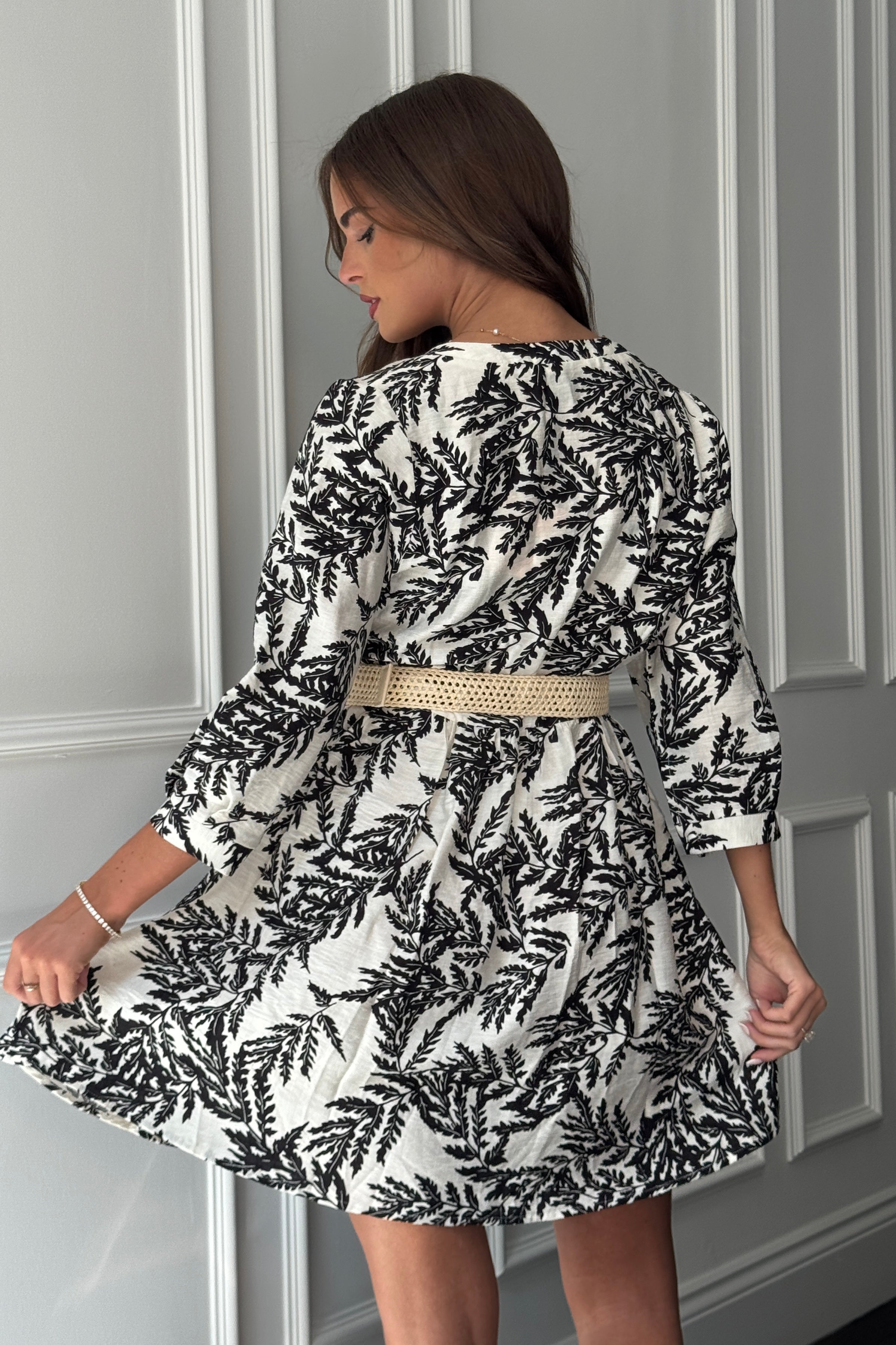 Billy Belted 3/4 Sleeve Mini Shirt Dress In Mono Floral