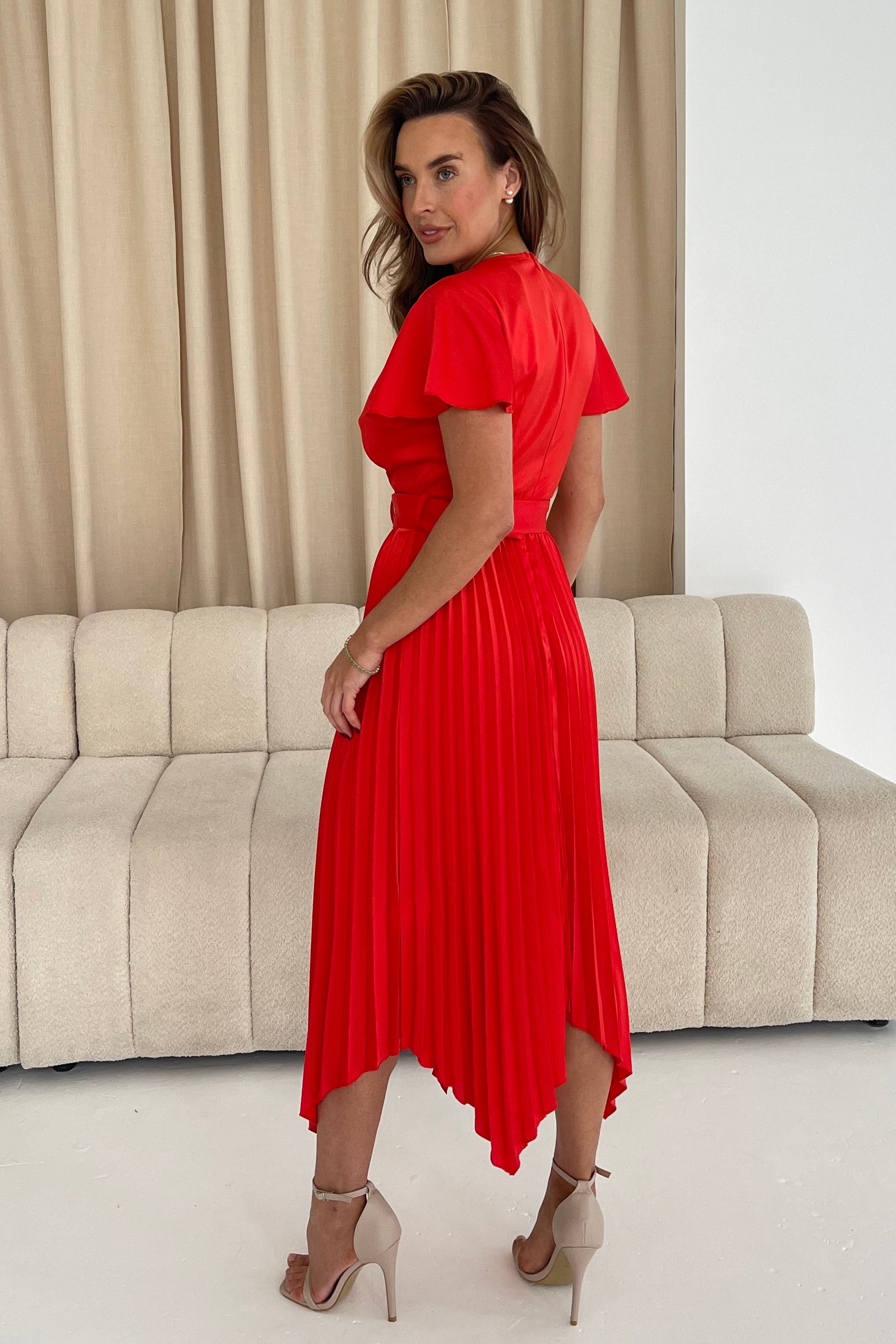 Brooklyn Asymmetric Pleated Belted Midi Dress Red