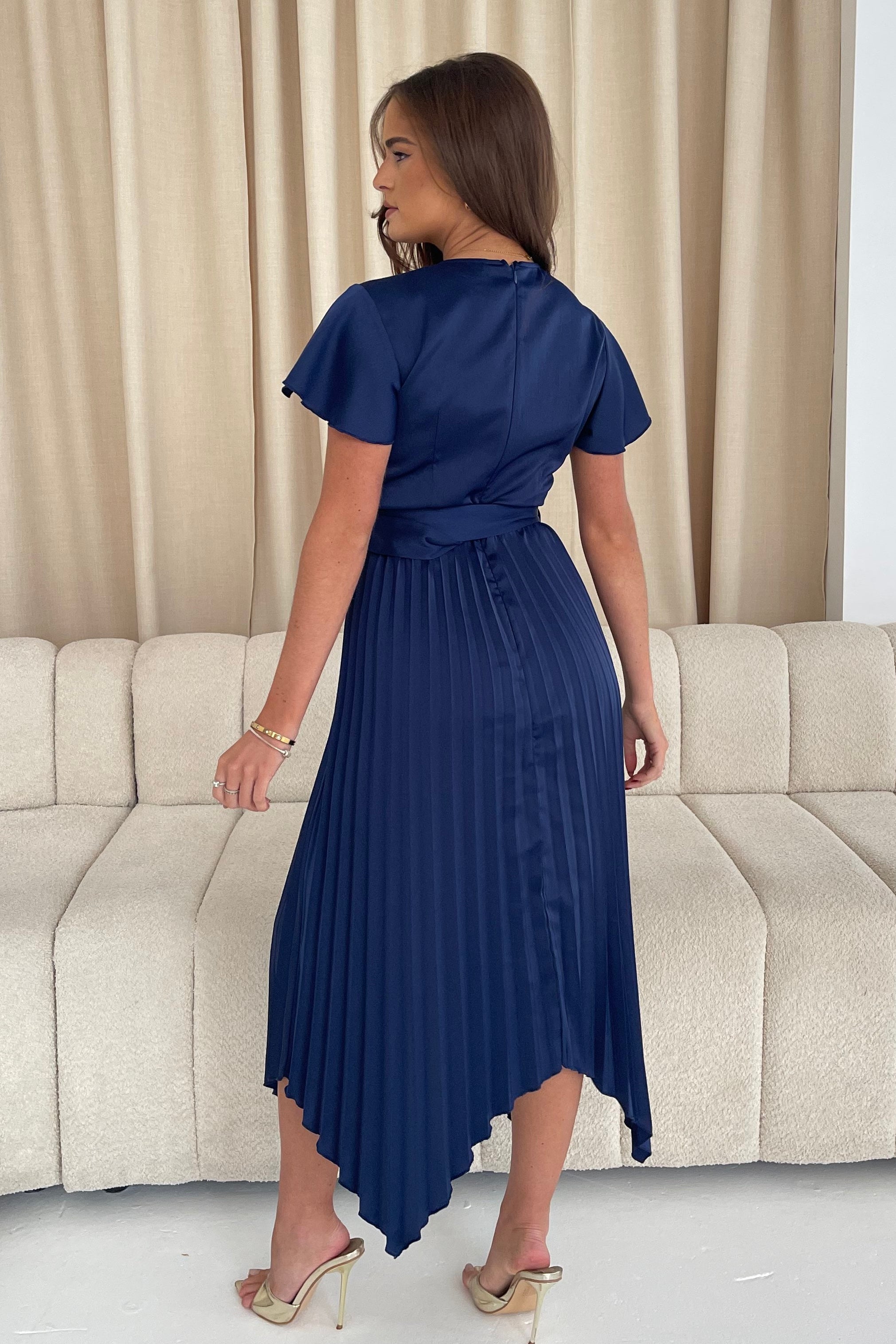 Brooklyn Asymmetric Pleated Belted Midi Dress Navy
