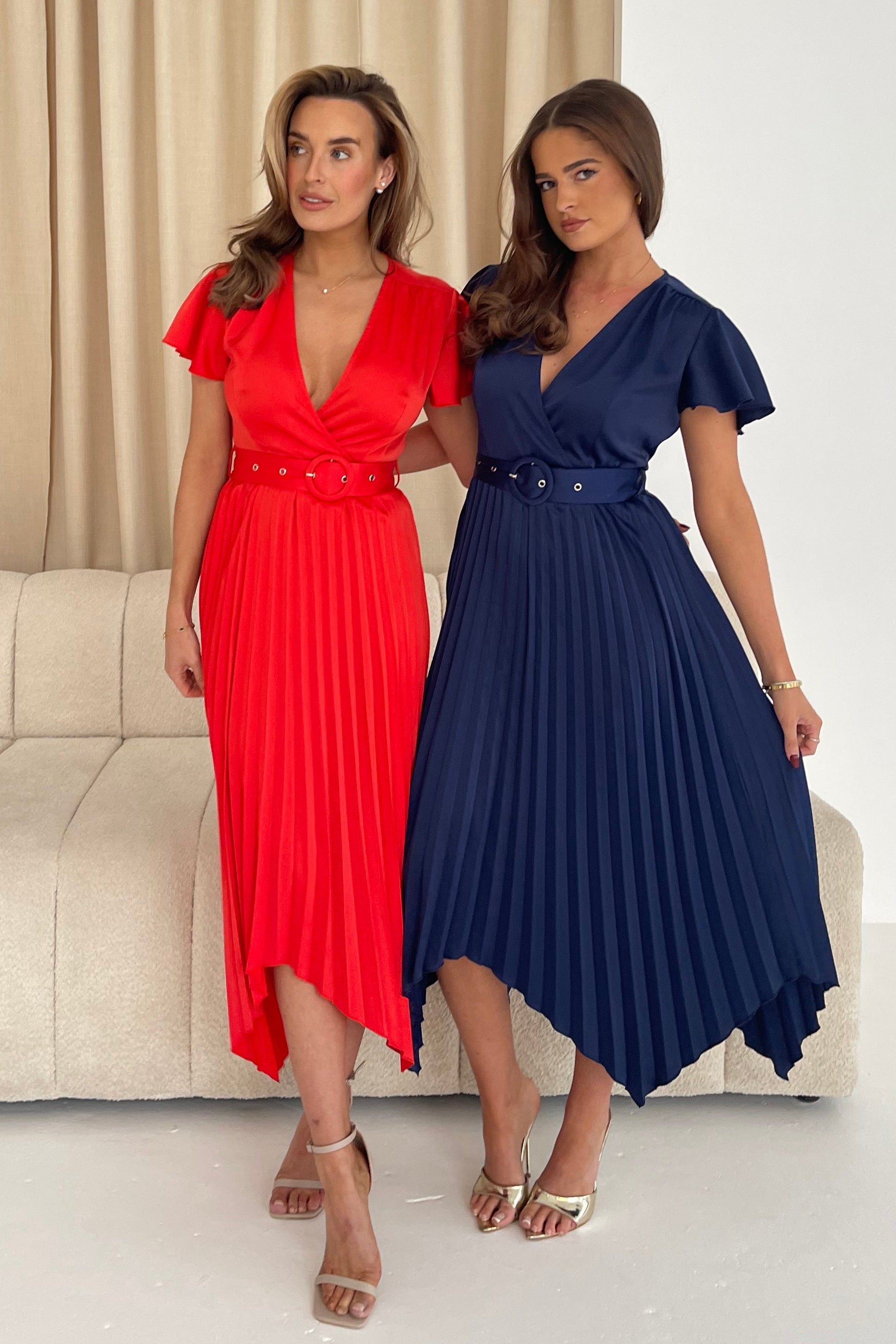 Brooklyn Asymmetric Pleated Belted Midi Dress Red