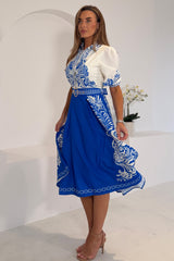 Holland Blue And White Paisley Print Midi Dress