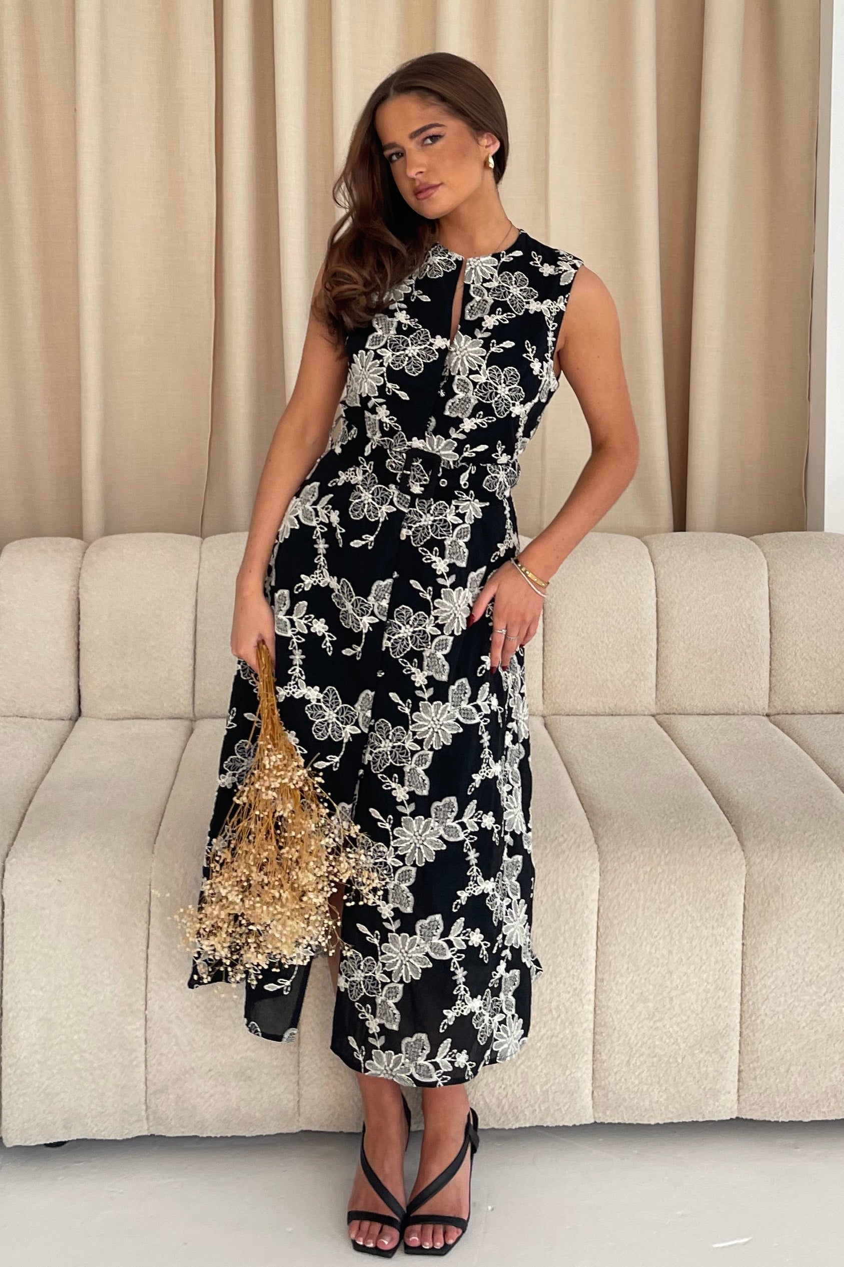 Cordelia Floral Embroidery Midi Dress Black