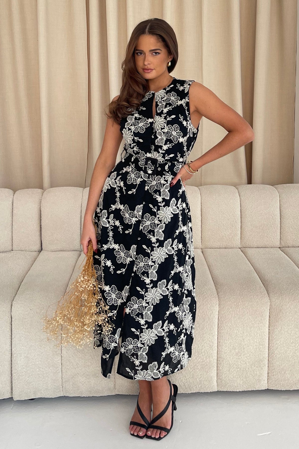 Cordelia Floral Embroidery Midi Dress Black