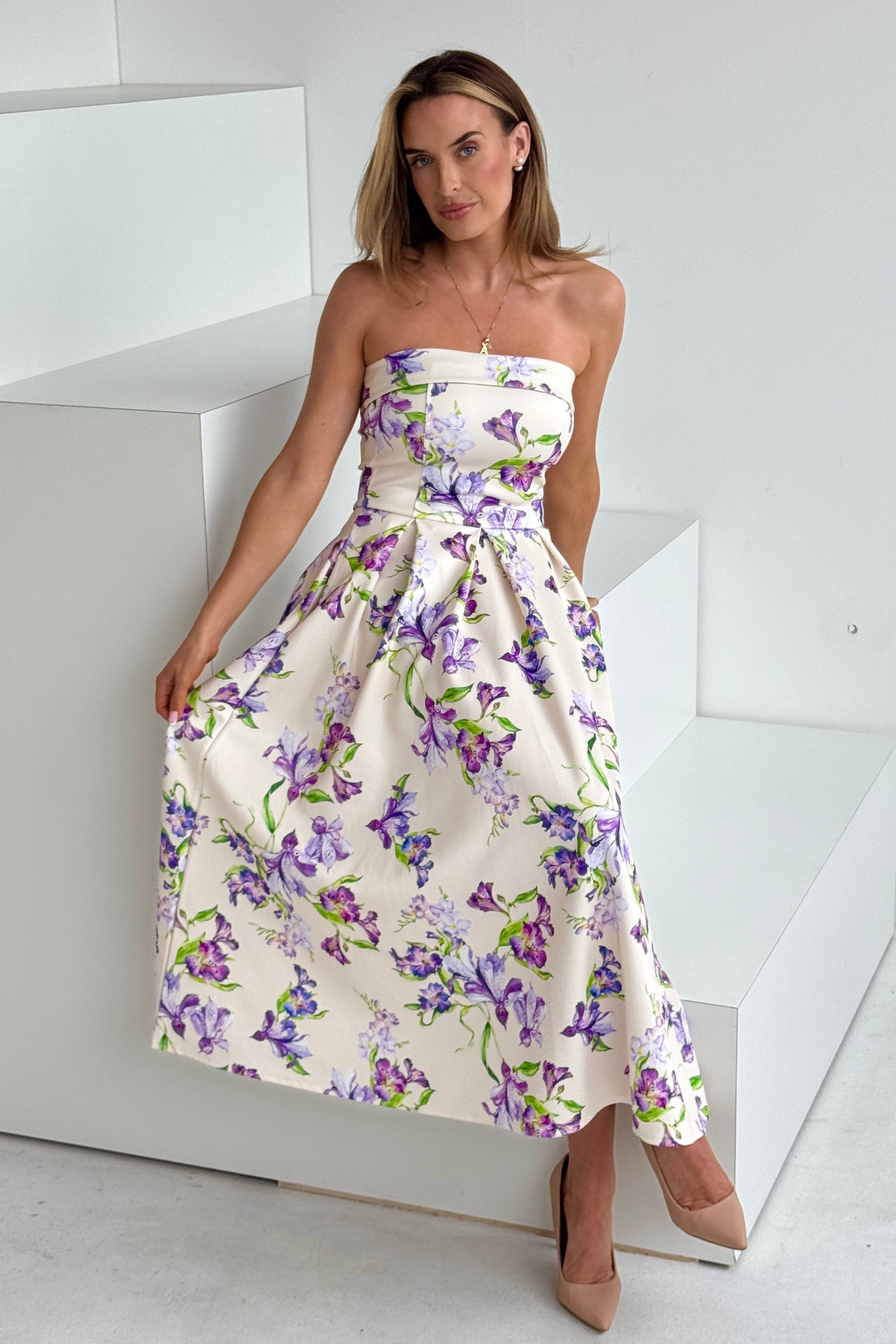 Danni Strapless Bandeau Midi Dress Yellow Floral