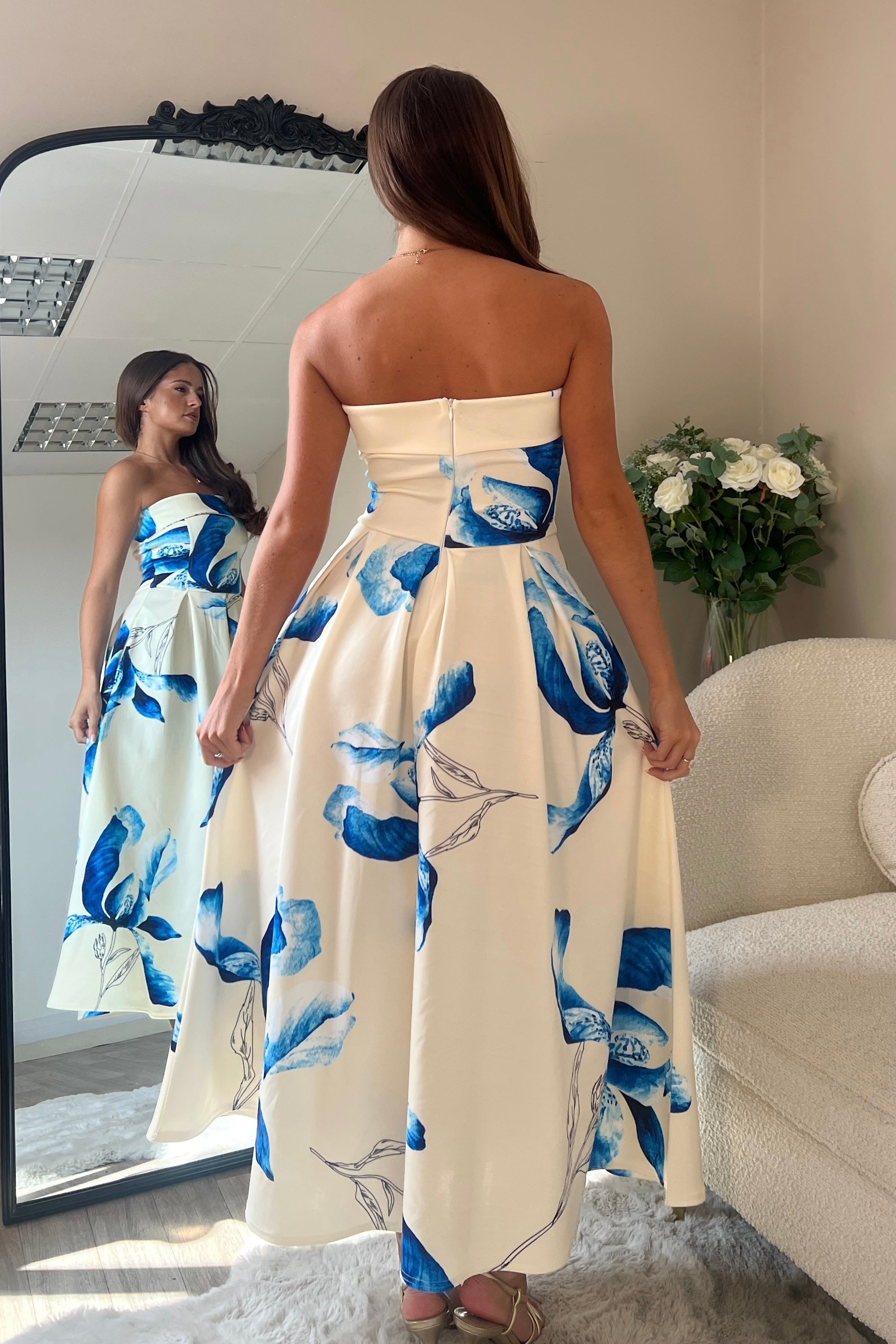 Danni Strapless Bandeau Midi Dress Yellow And Blue Floral
