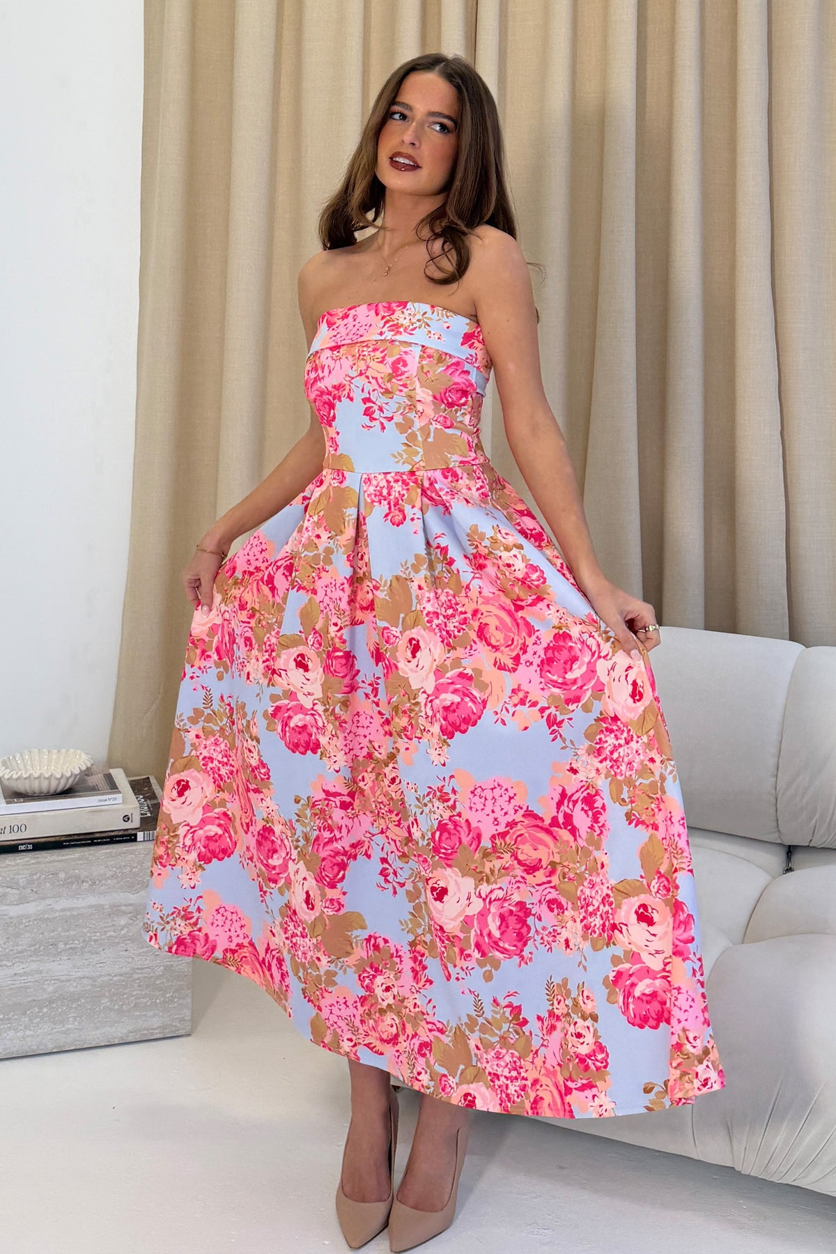 Danni Strapless Bandeau Midi Dress Floral