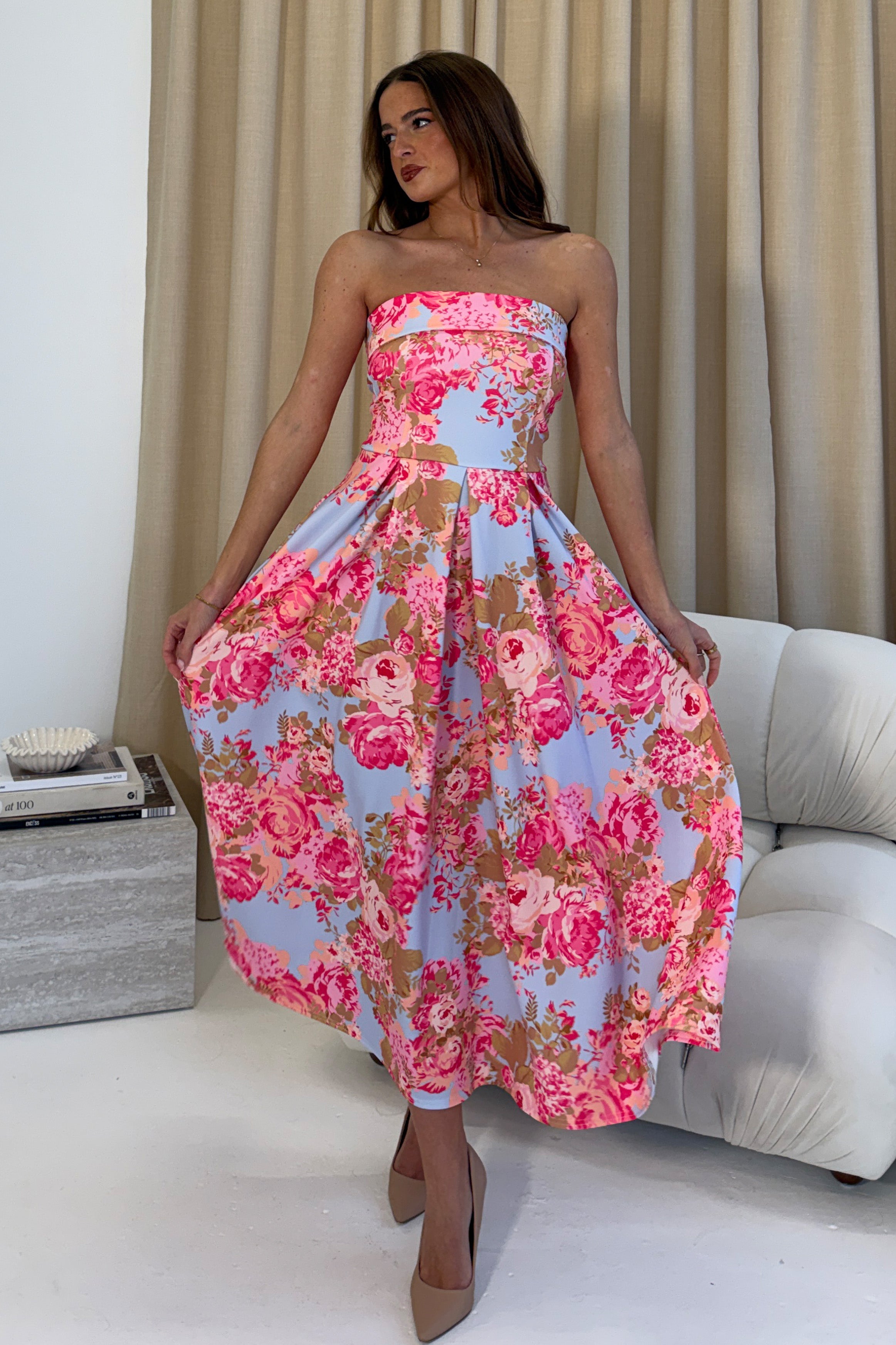 Danni Strapless Bandeau Midi Dress Floral