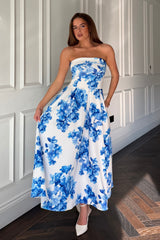 Danni Strapless Bandeau Midi Dress Blue Floral