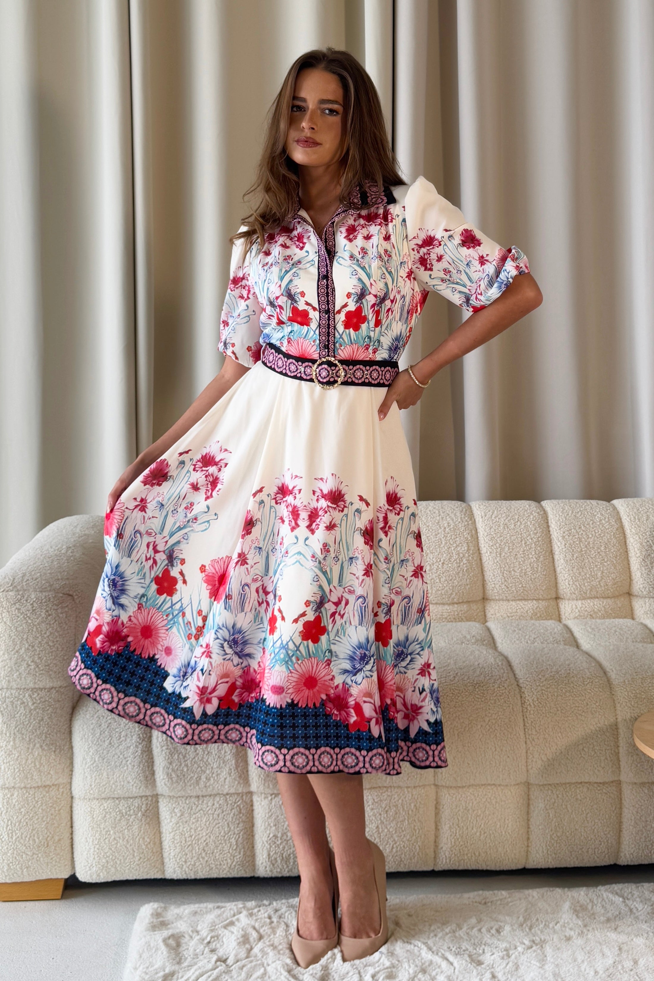Holland Cream Floral Border Print Midi Dress