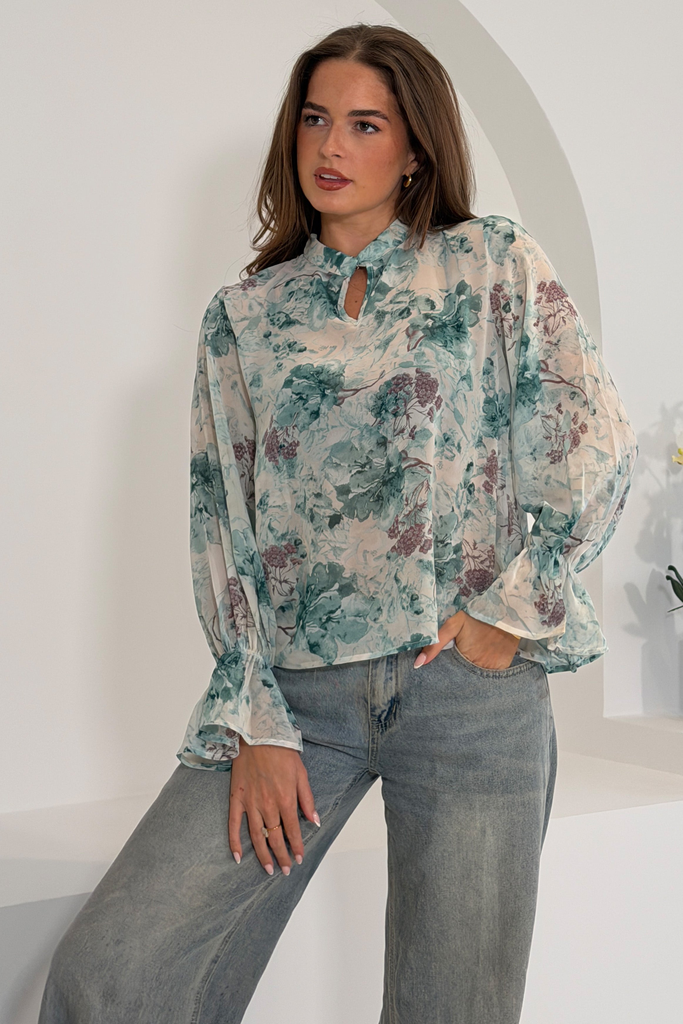 Aideen Frill Sleeve Floral High Neck Blouse