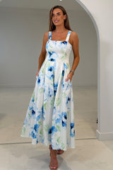 Heather Blue Floral Pleated Midi Dress