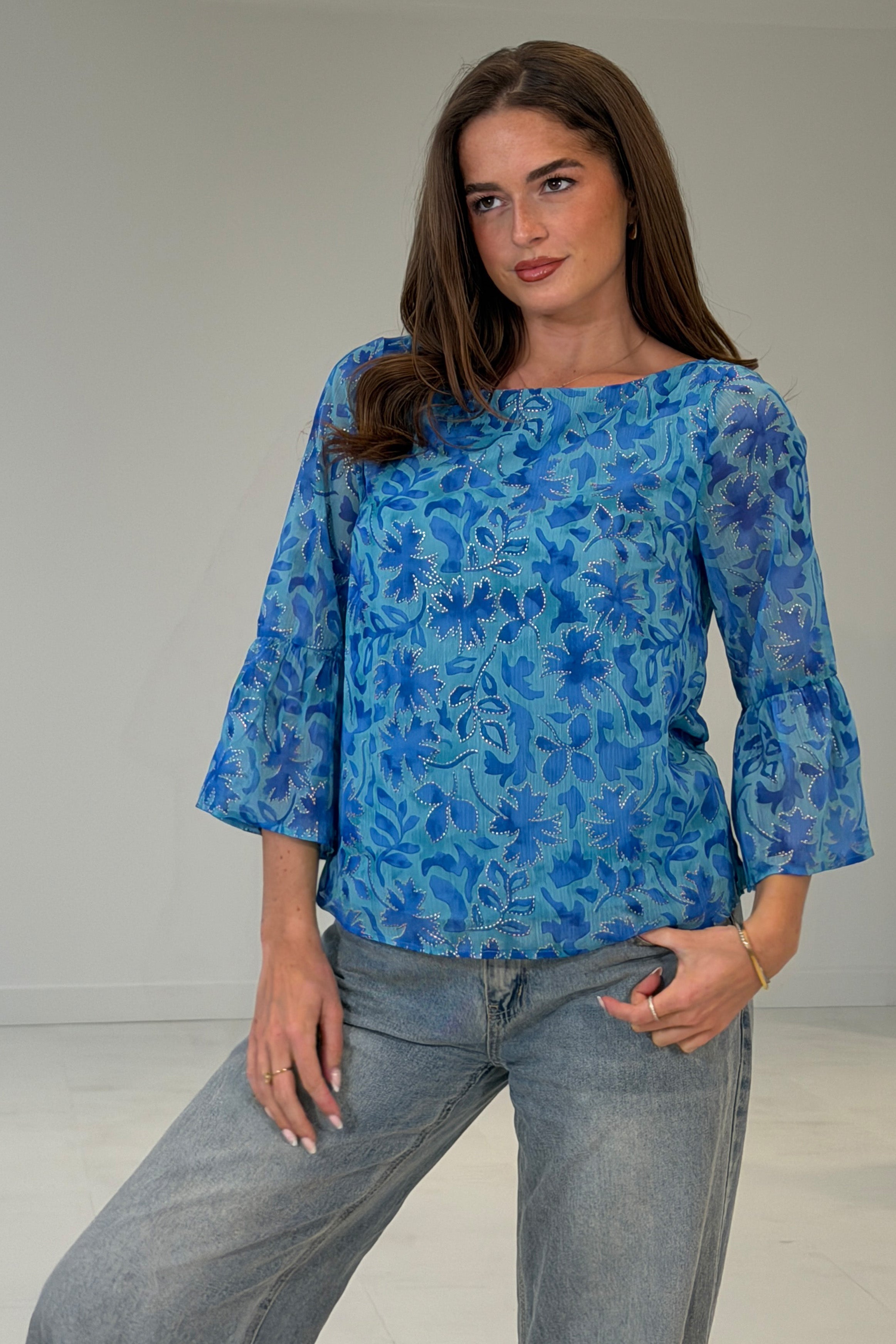 Deborah Frill Sleeve Round Neck Blouse Blue