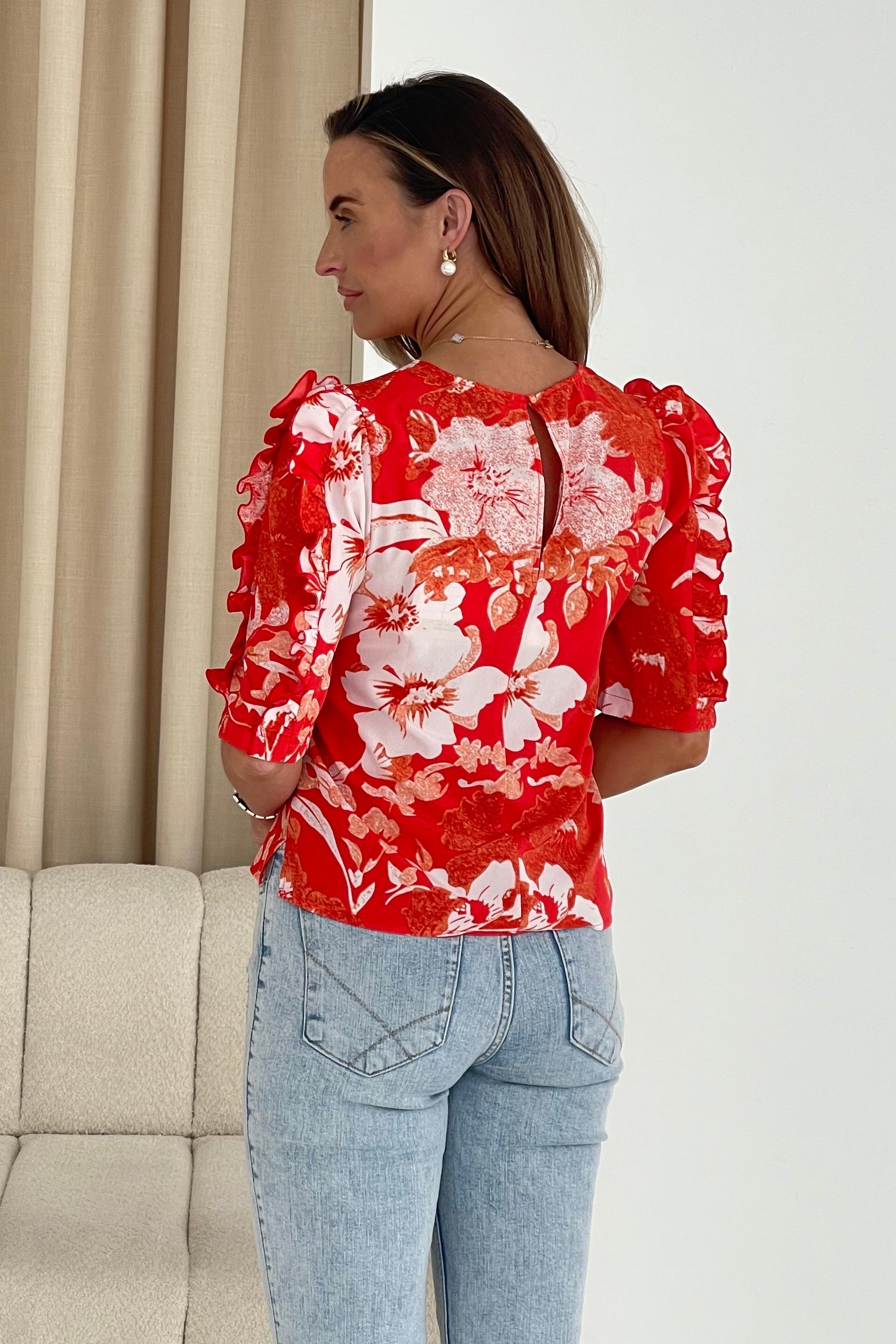 Asher Red Floral Print Frill Sleeve Top
