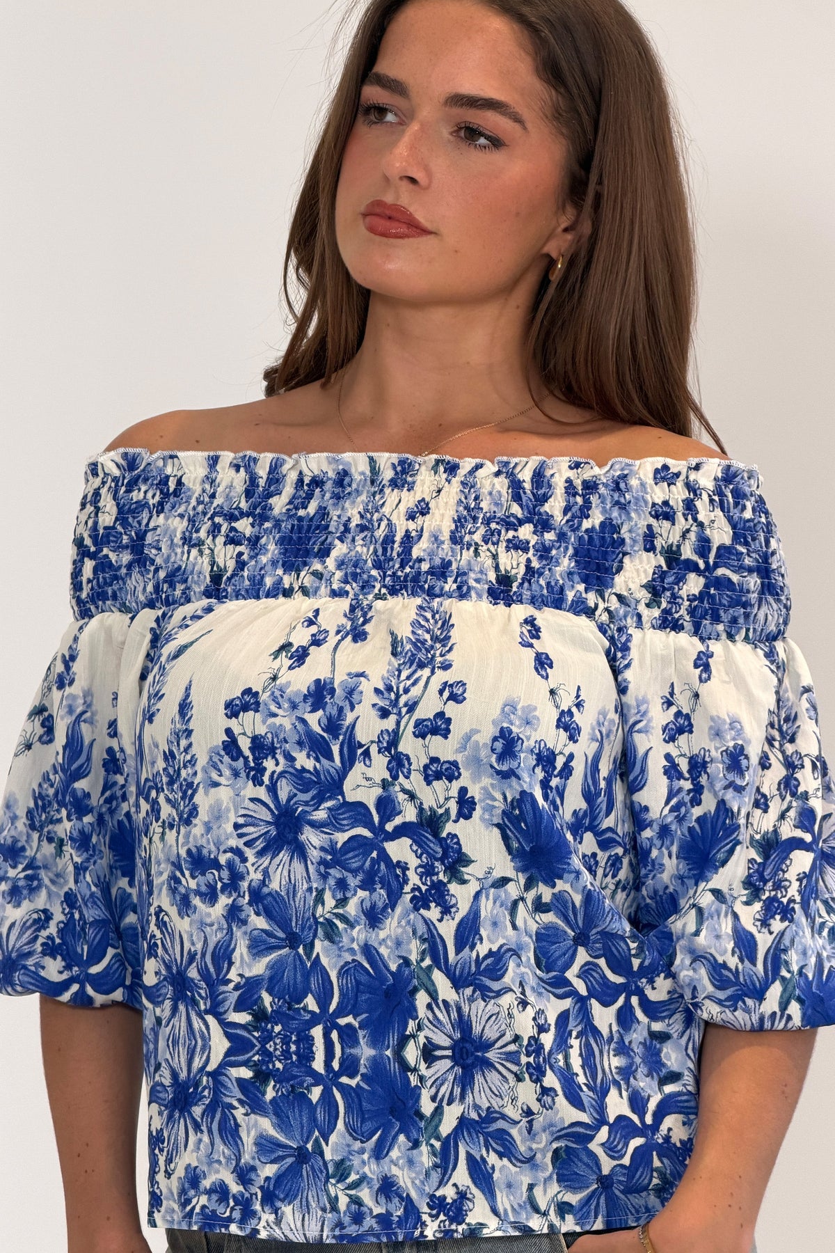 Candace Shirred Bardot Blue Floral Top