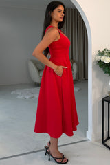 Erica Square Neck Pleated Midi Dress Red