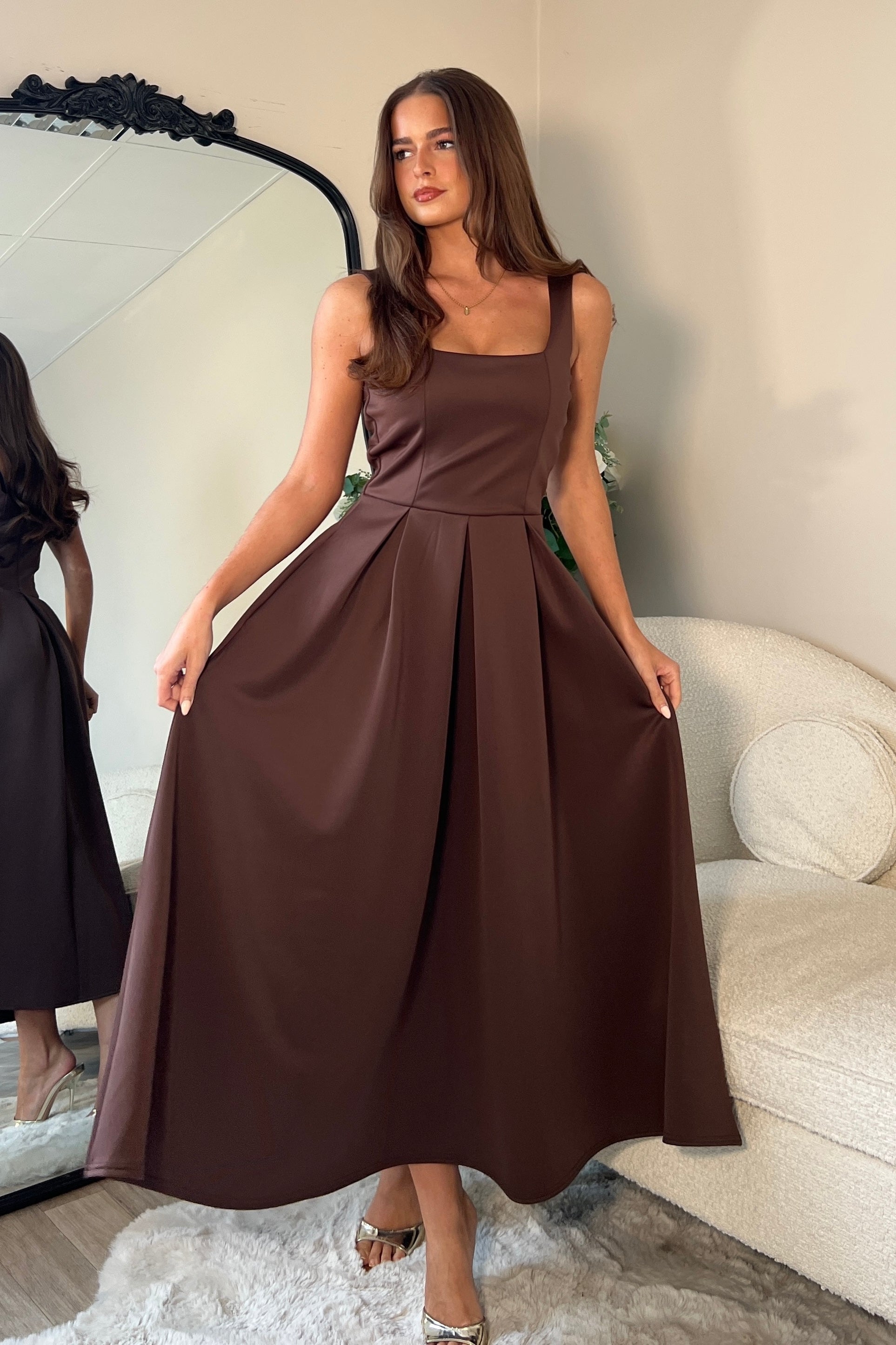 Erica Square Neck Pleated Midi Dress Brown