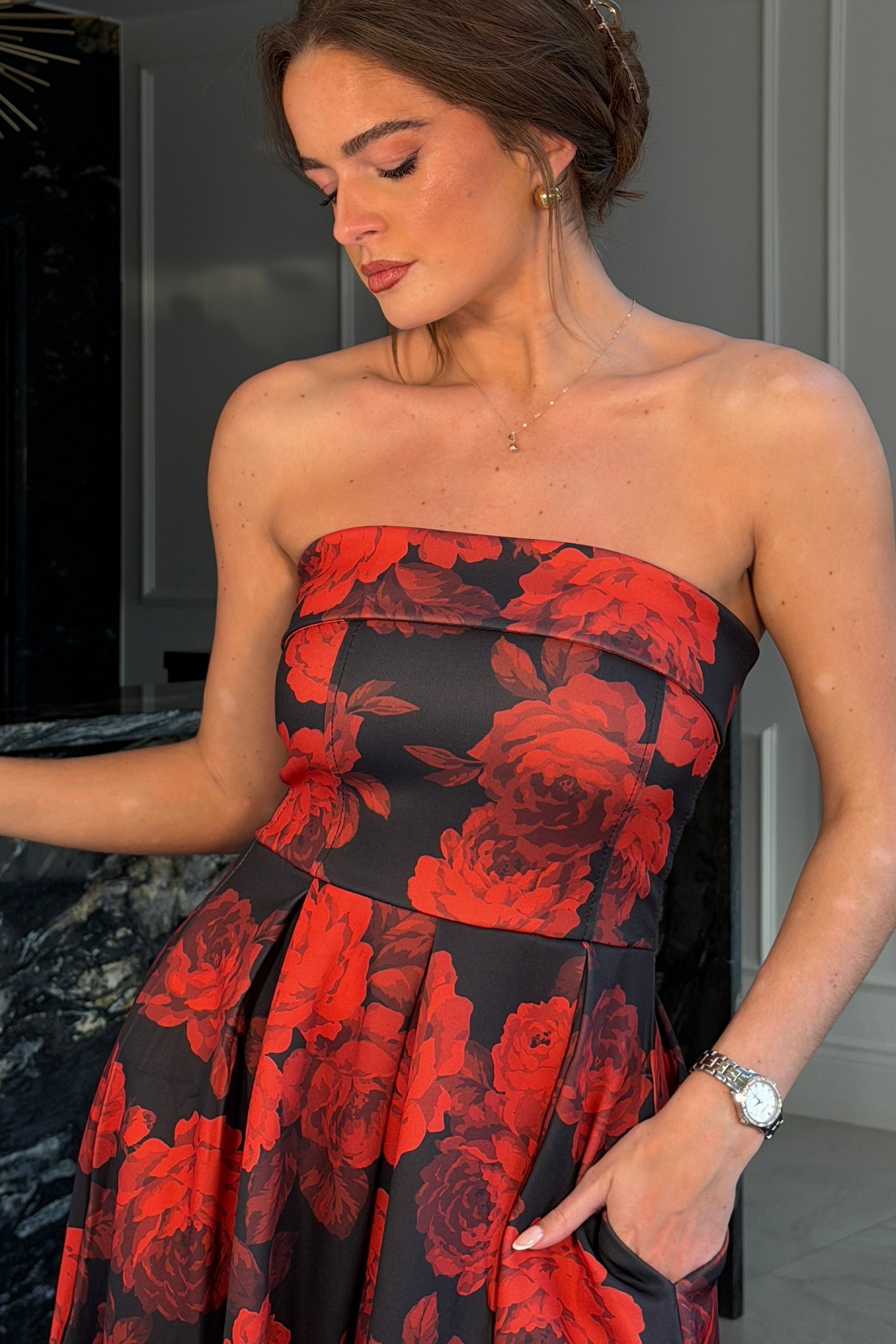 Danni Strapless Bandeau Midi Dress Red Floral