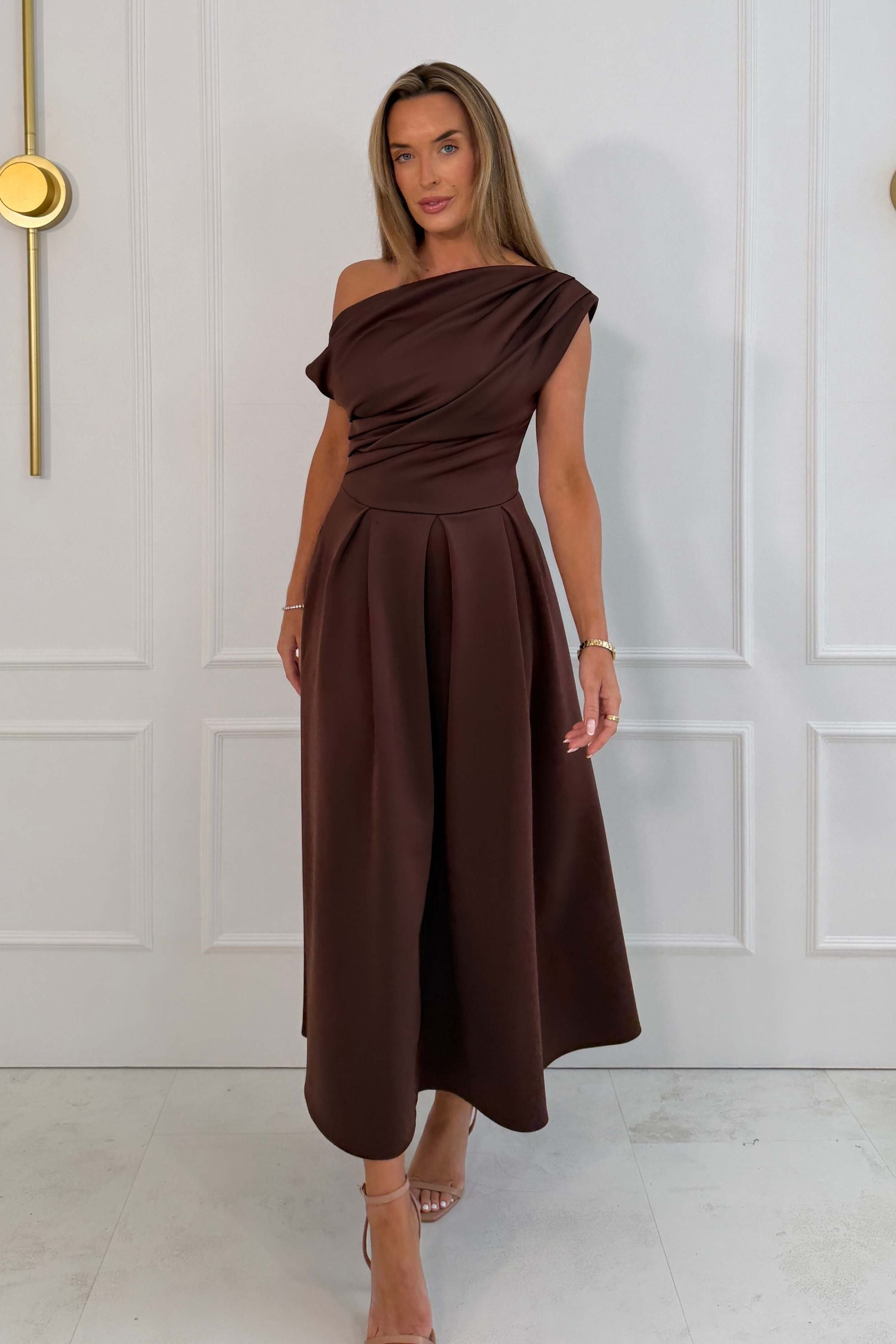 Betty Asymmetric Neckline Skater Midi Brown