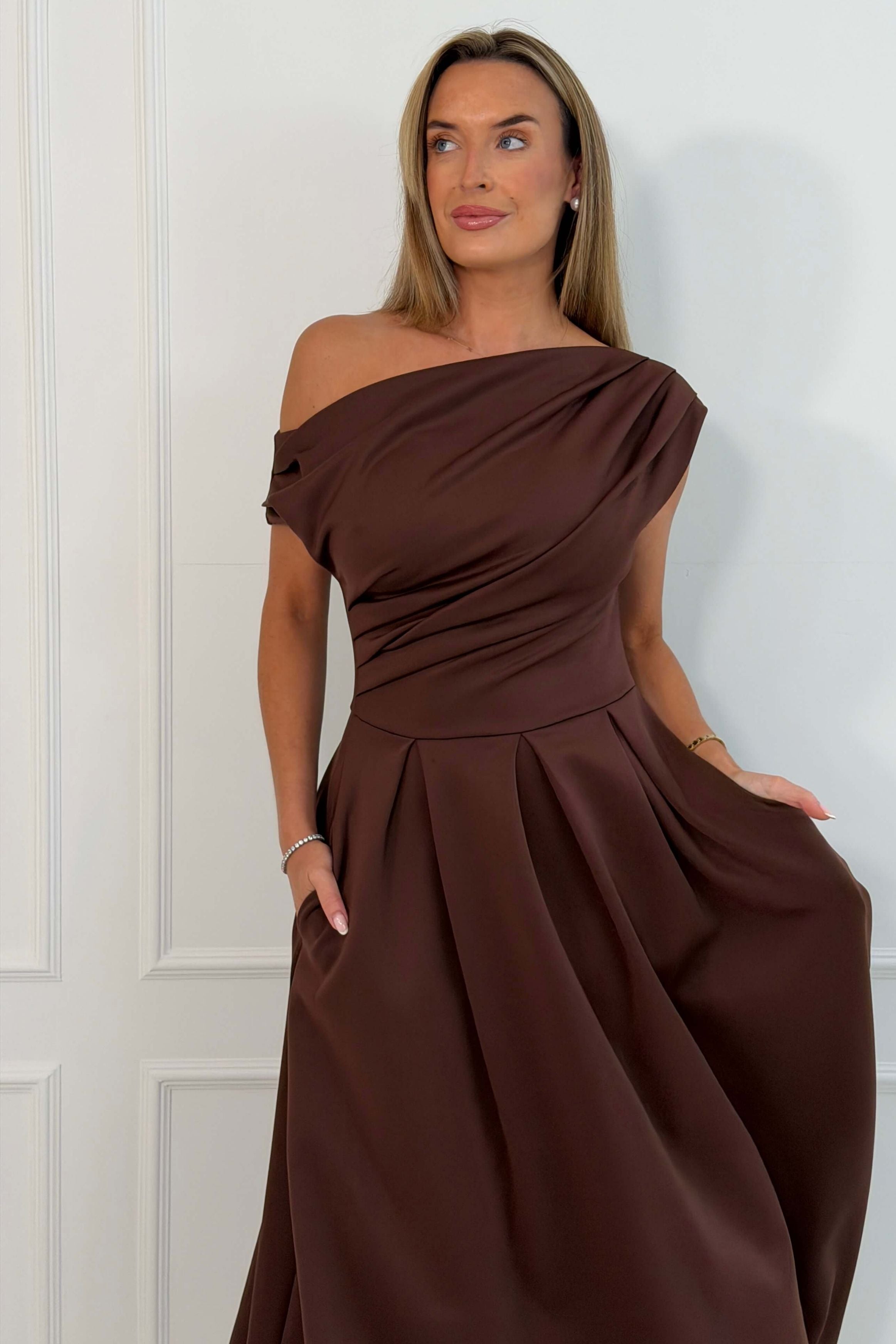 Betty Asymmetric Neckline Skater Midi Brown