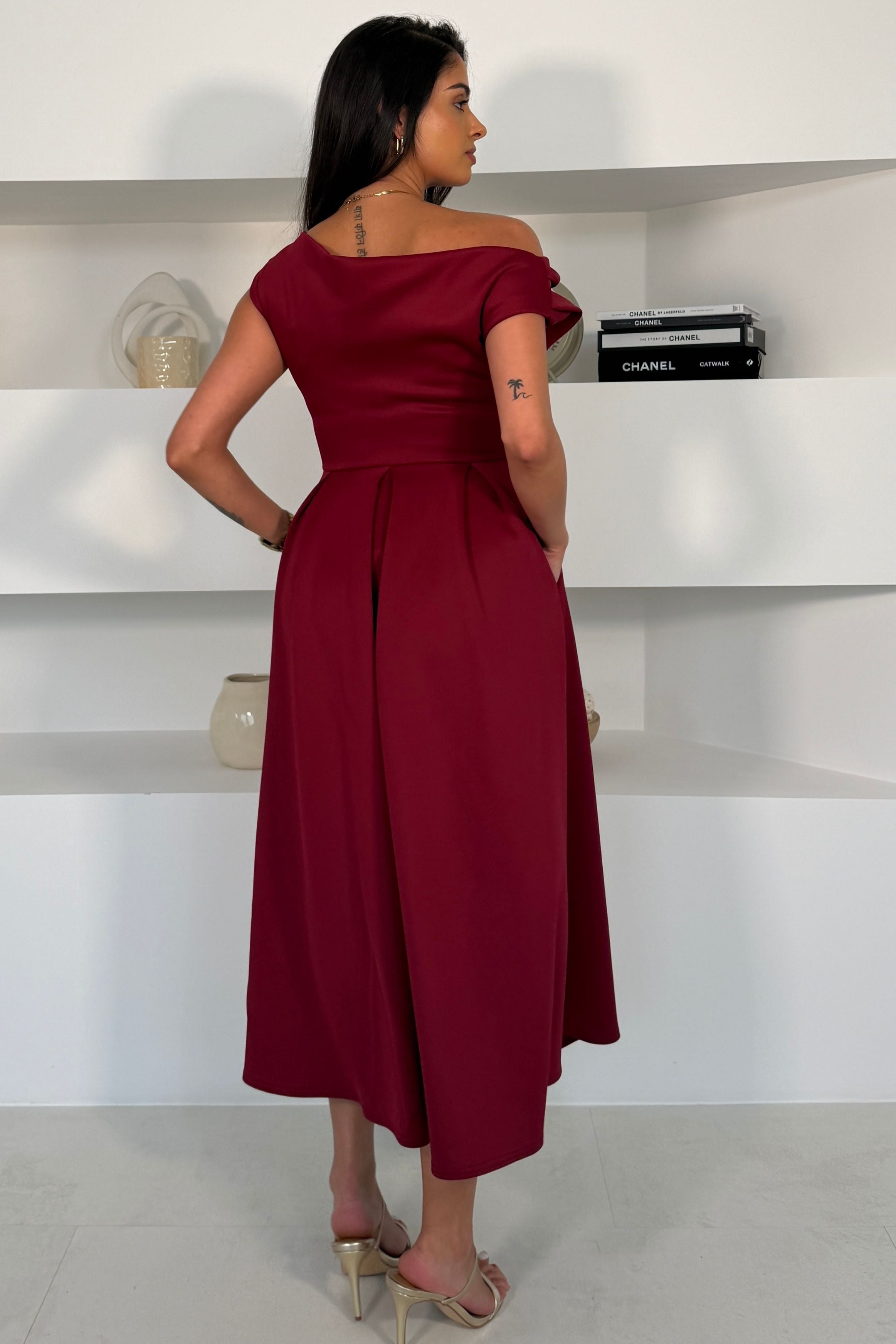 Betty Asymmetric Neckline Skater Midi Berry