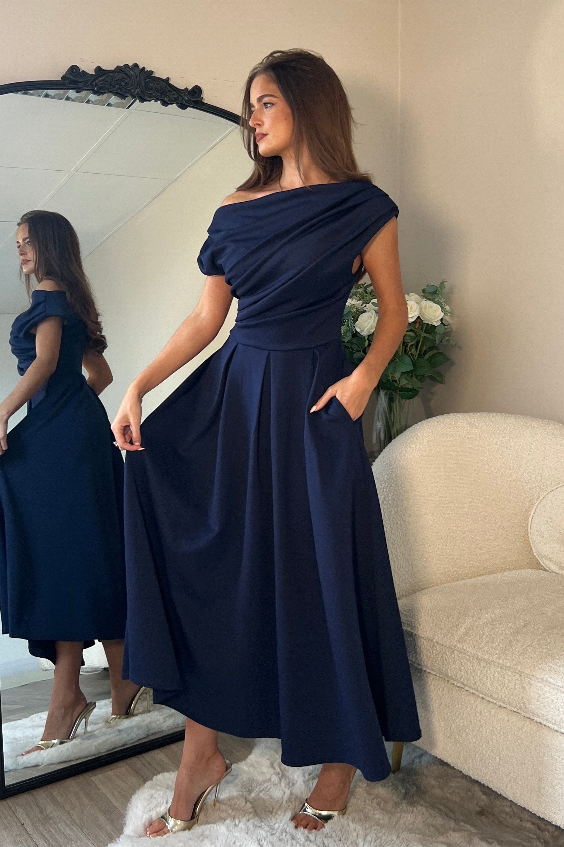 Betty Asymmetric Neckline Skater Midi Navy