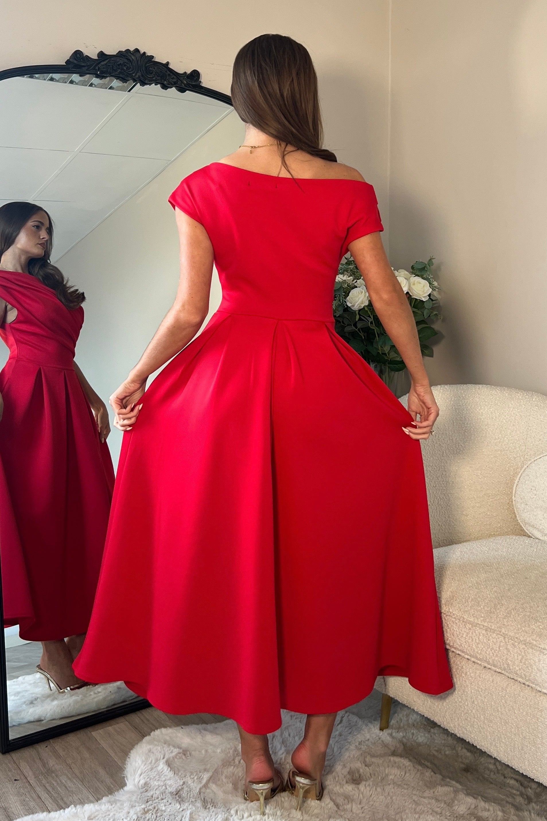 Betty Asymmetric Neckline Skater Midi Red
