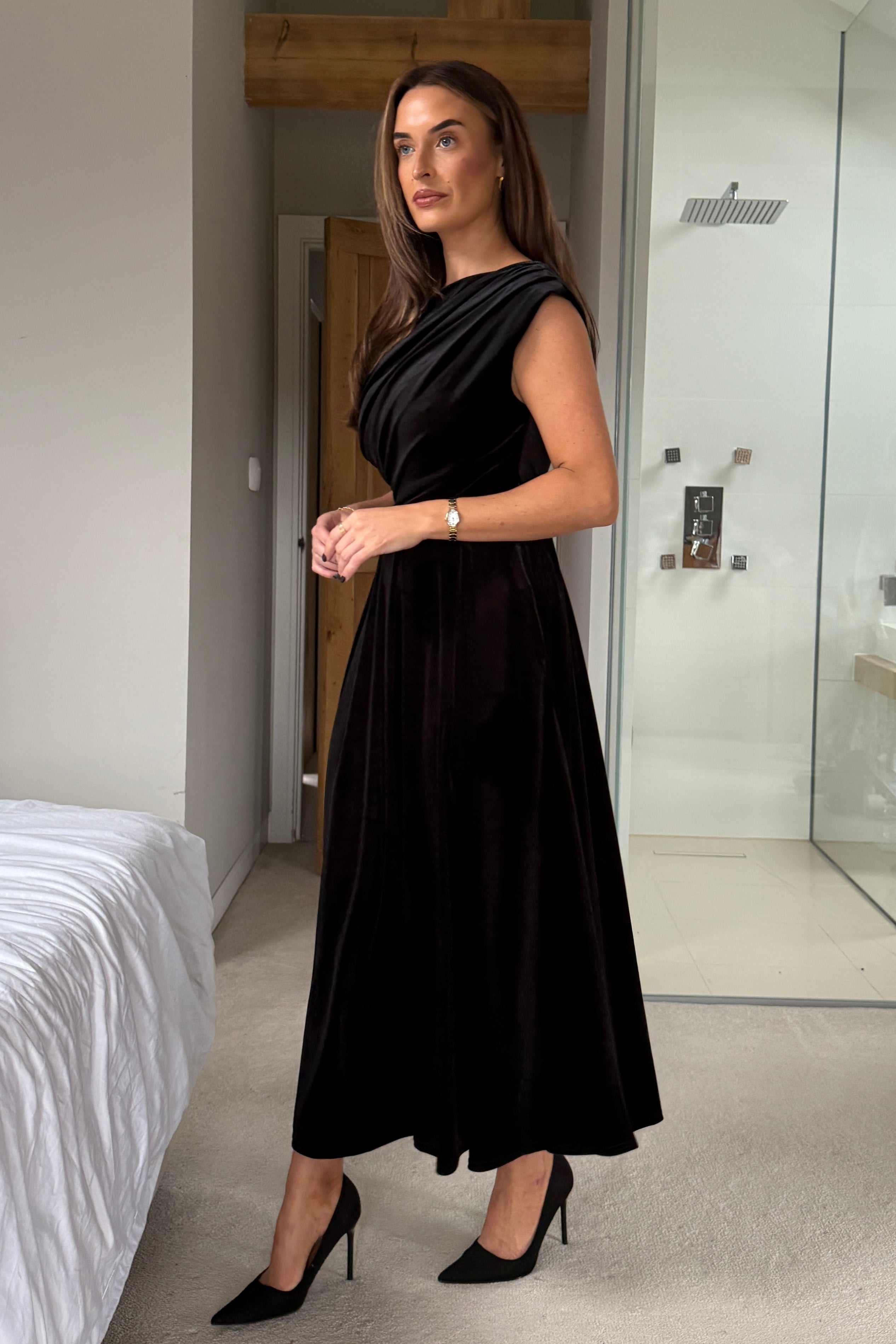Betty Asymmetric Neckline Skater Midi Black Velvet