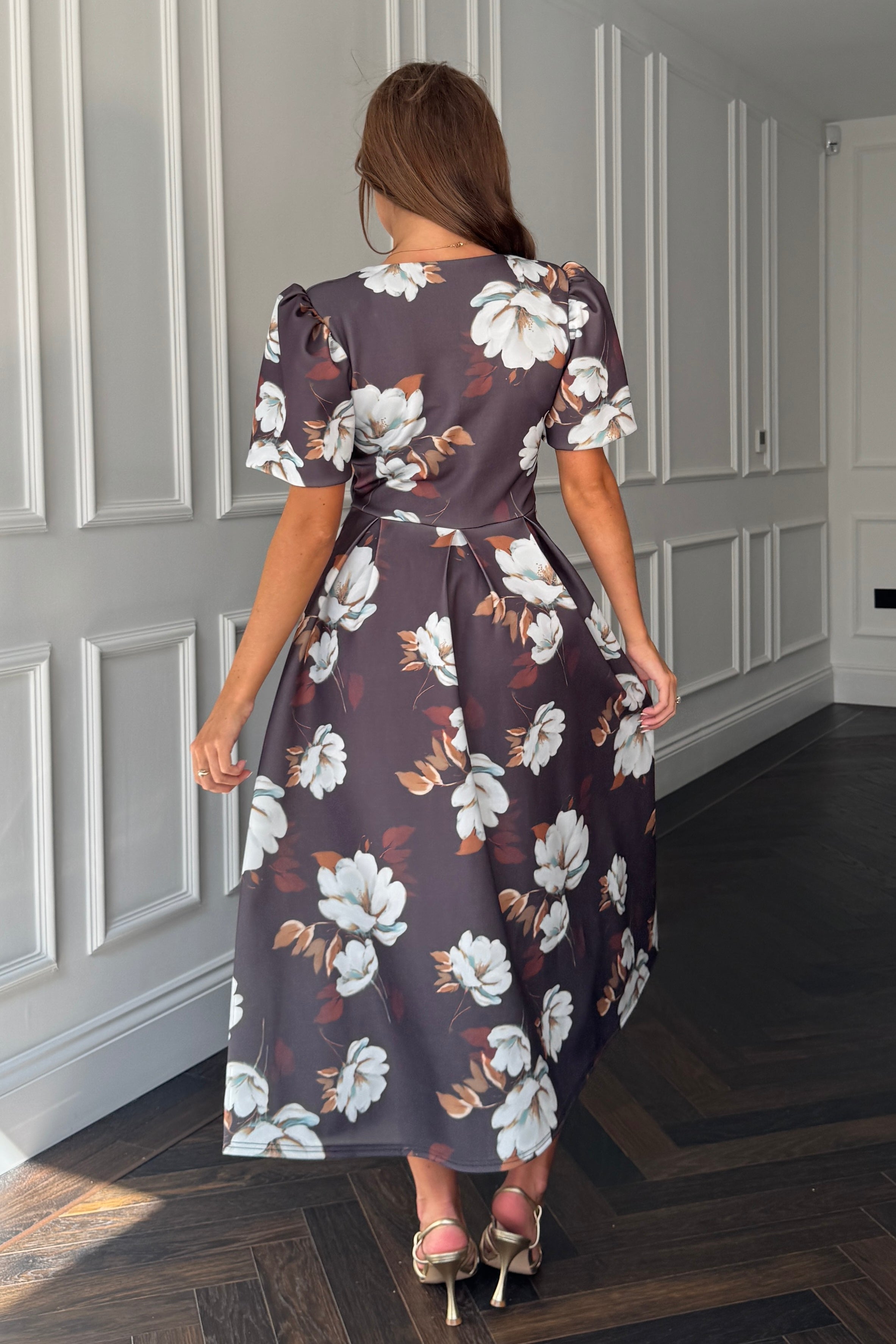 Elowin Statement Sleeve Skater Midi Dress Brown Floral