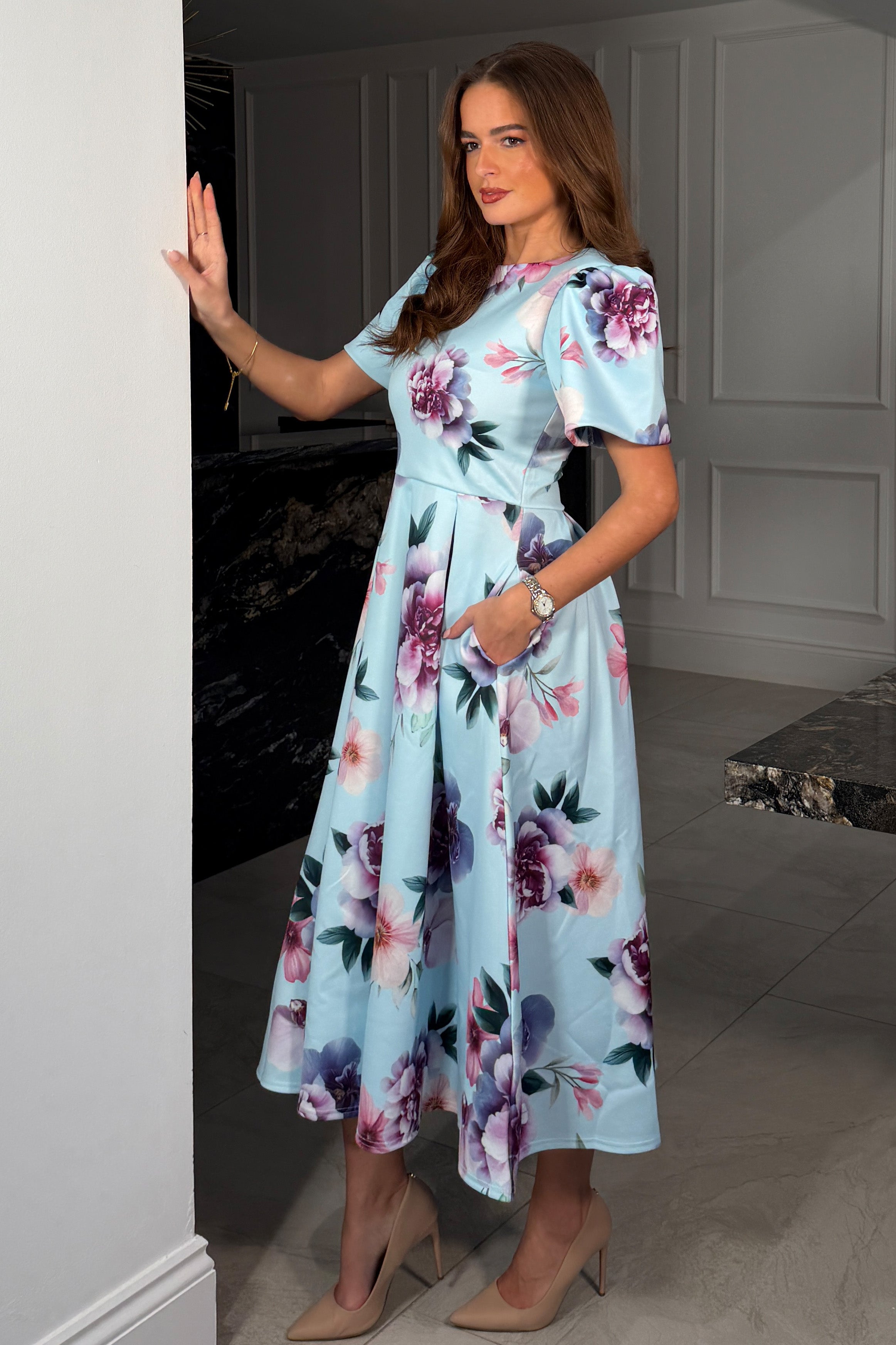 Elowin Statement Sleeve Skater Midi Dress Blue Floral