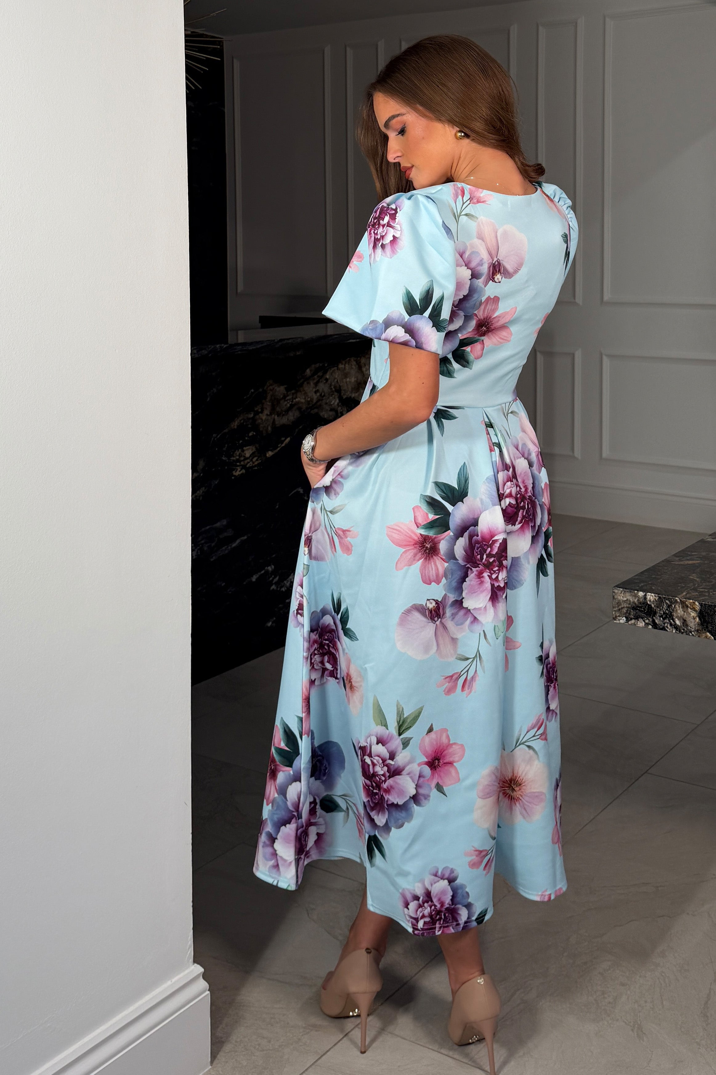 Elowin Statement Sleeve Skater Midi Dress Blue Floral