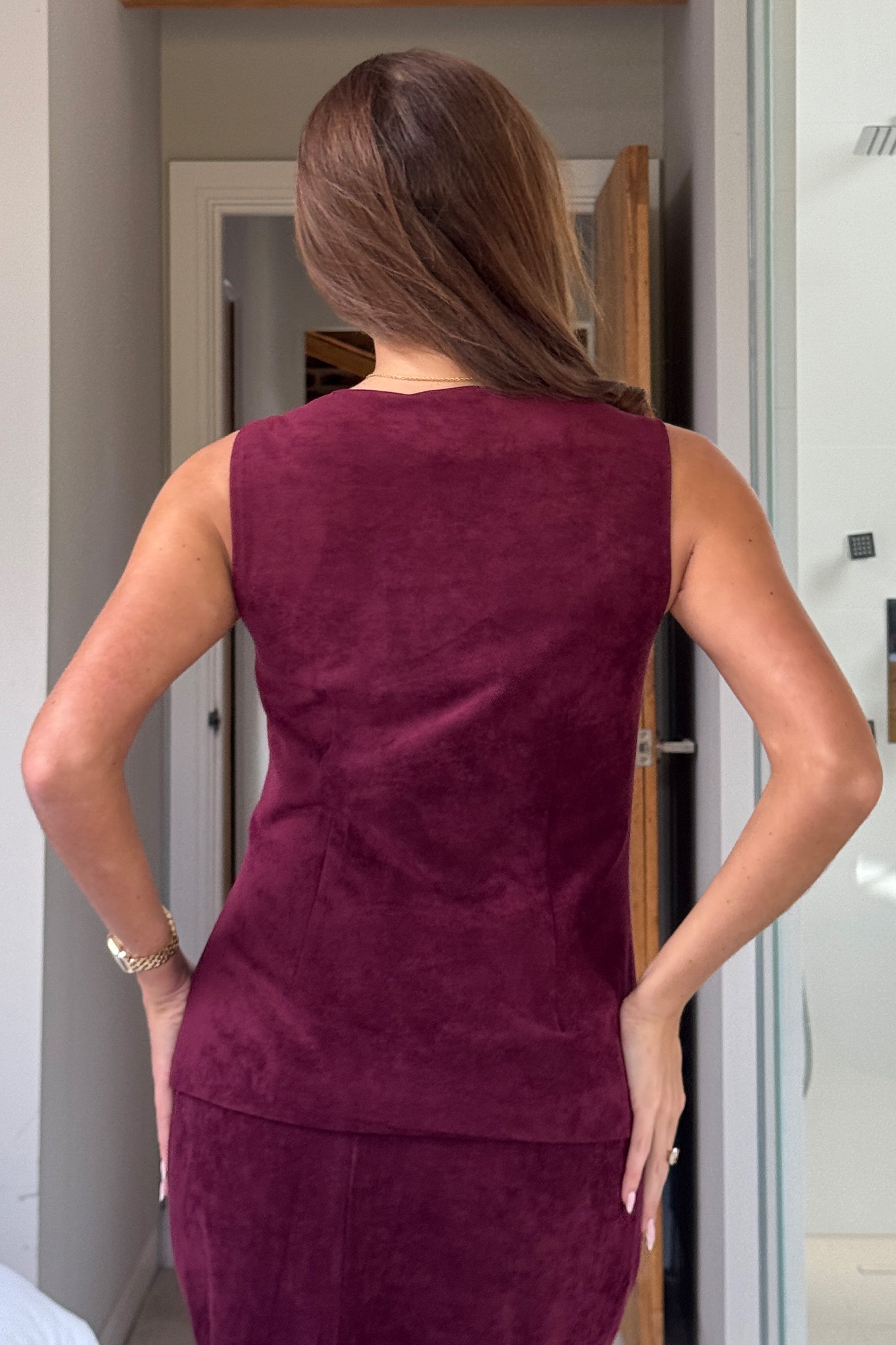 Jamie Square Neckline Suede Waistcoat Berry
