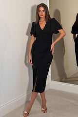 Freya Puff Sleeve Wrap Neck Ruched Midi Black
