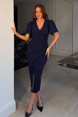 Freya Puff Sleeve Wrap Neck Ruched Midi Navy