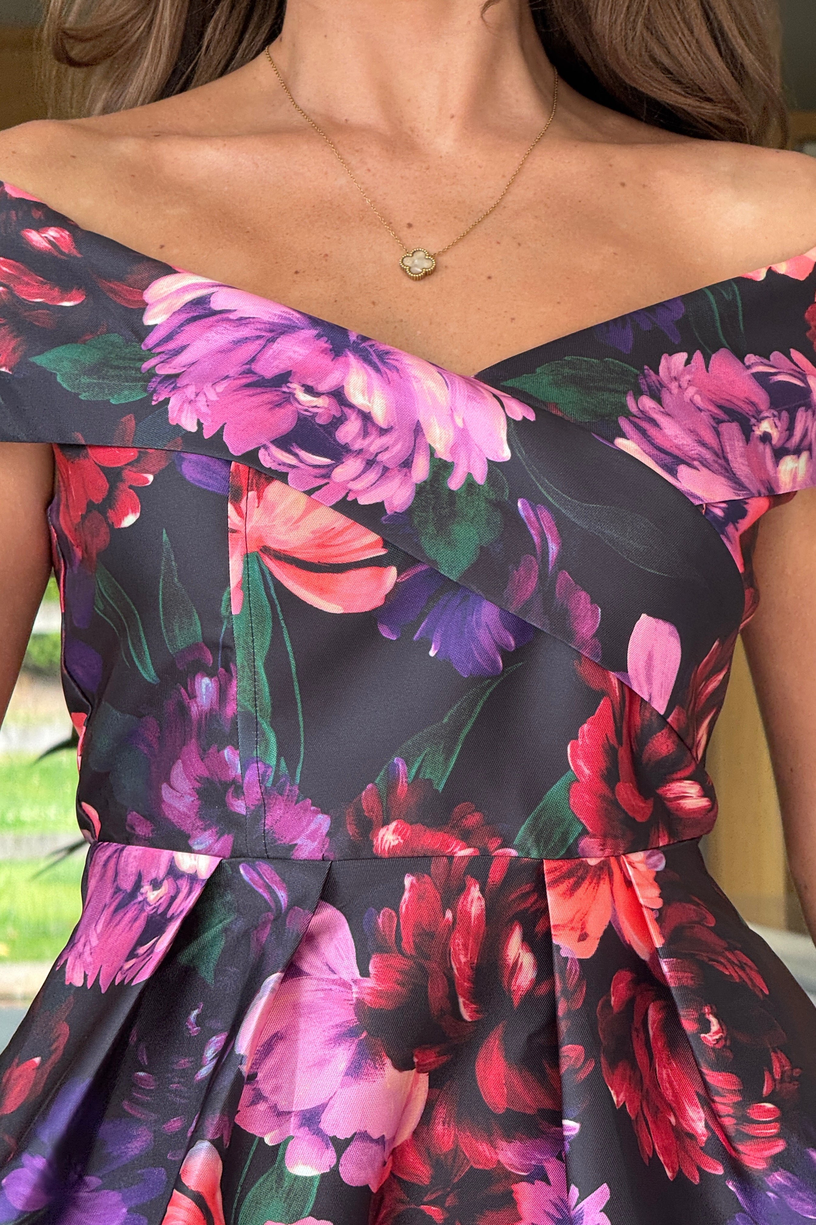 Daphne Off The Shoulder Skater Midi Dress Dark Floral