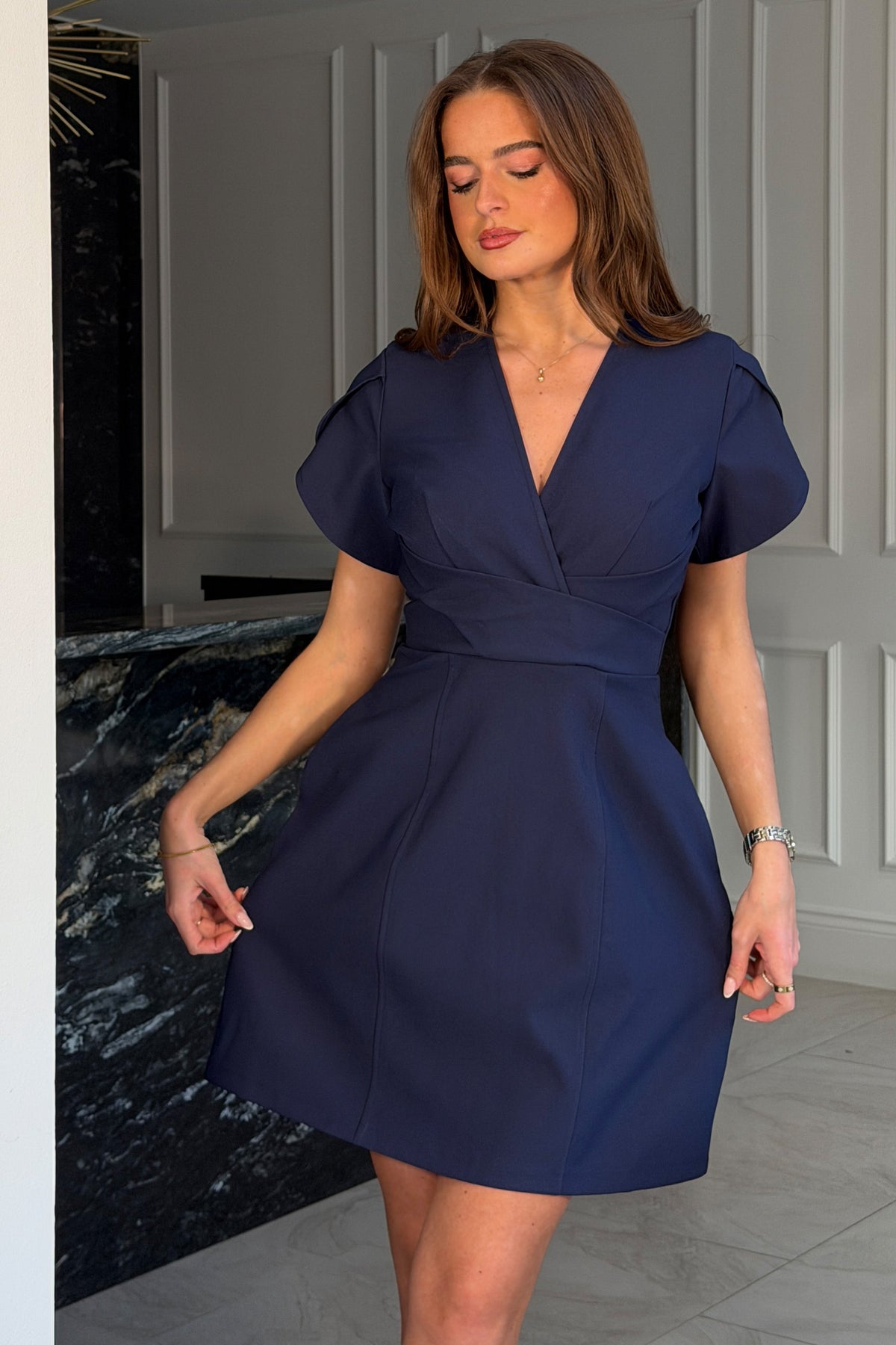 Bridget Twist Font Split Arm Mini Dress Navy