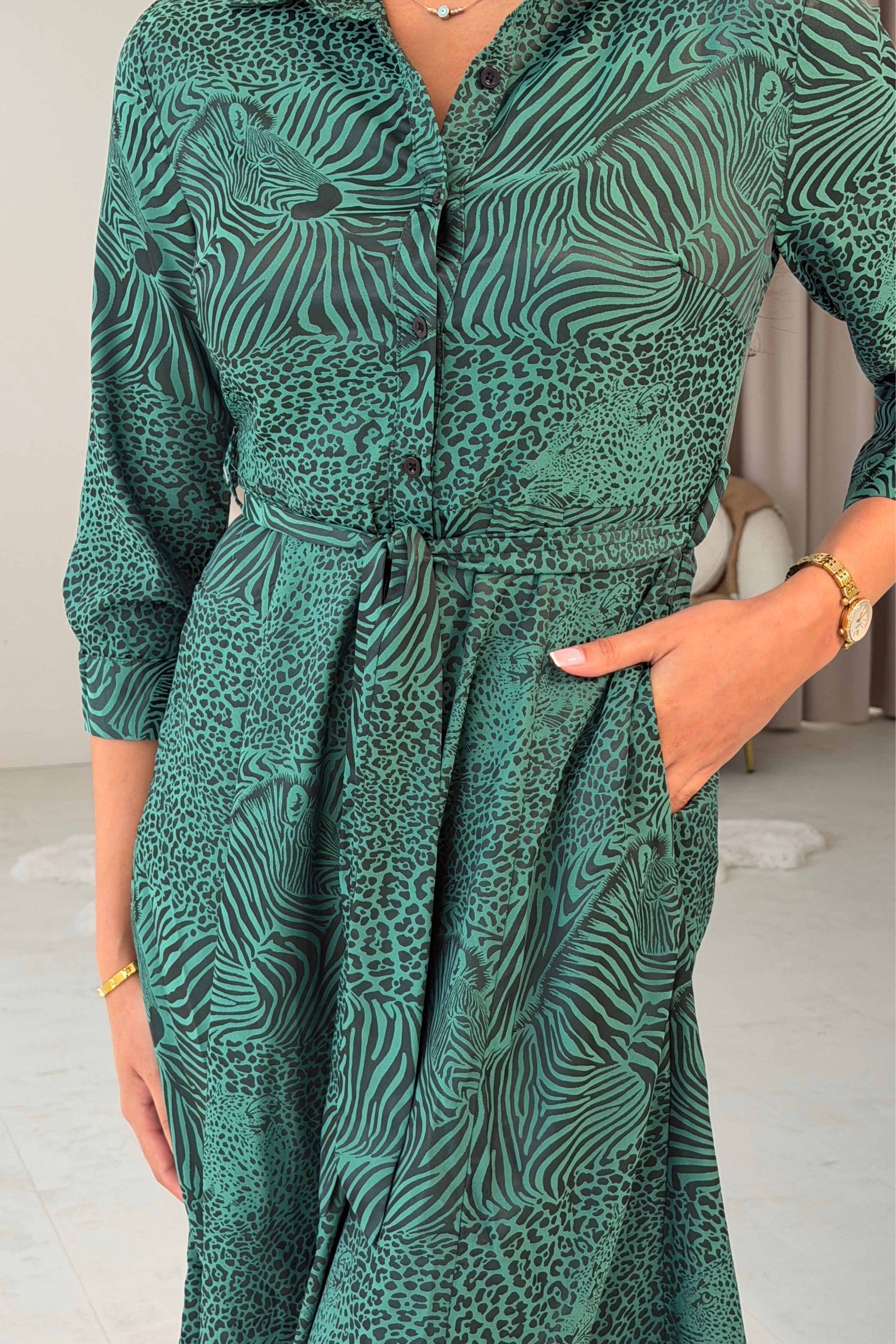 Angela Long Sleeve Maxi Shirt Dress Green Animal