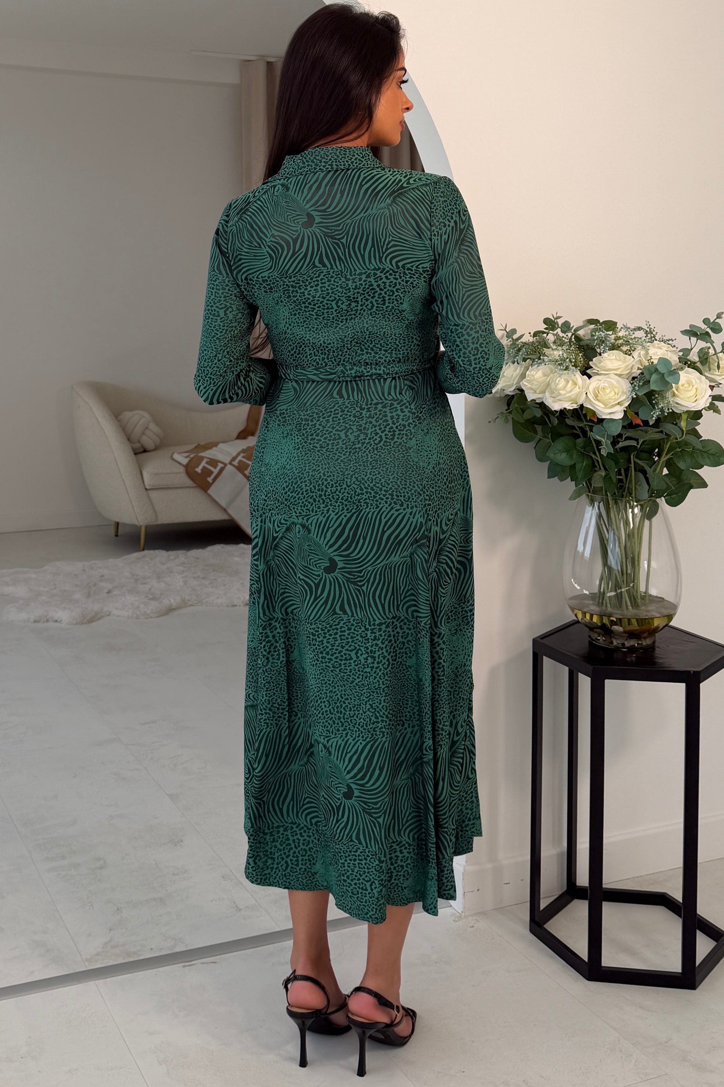 Angela Long Sleeve Maxi Shirt Dress Green Animal