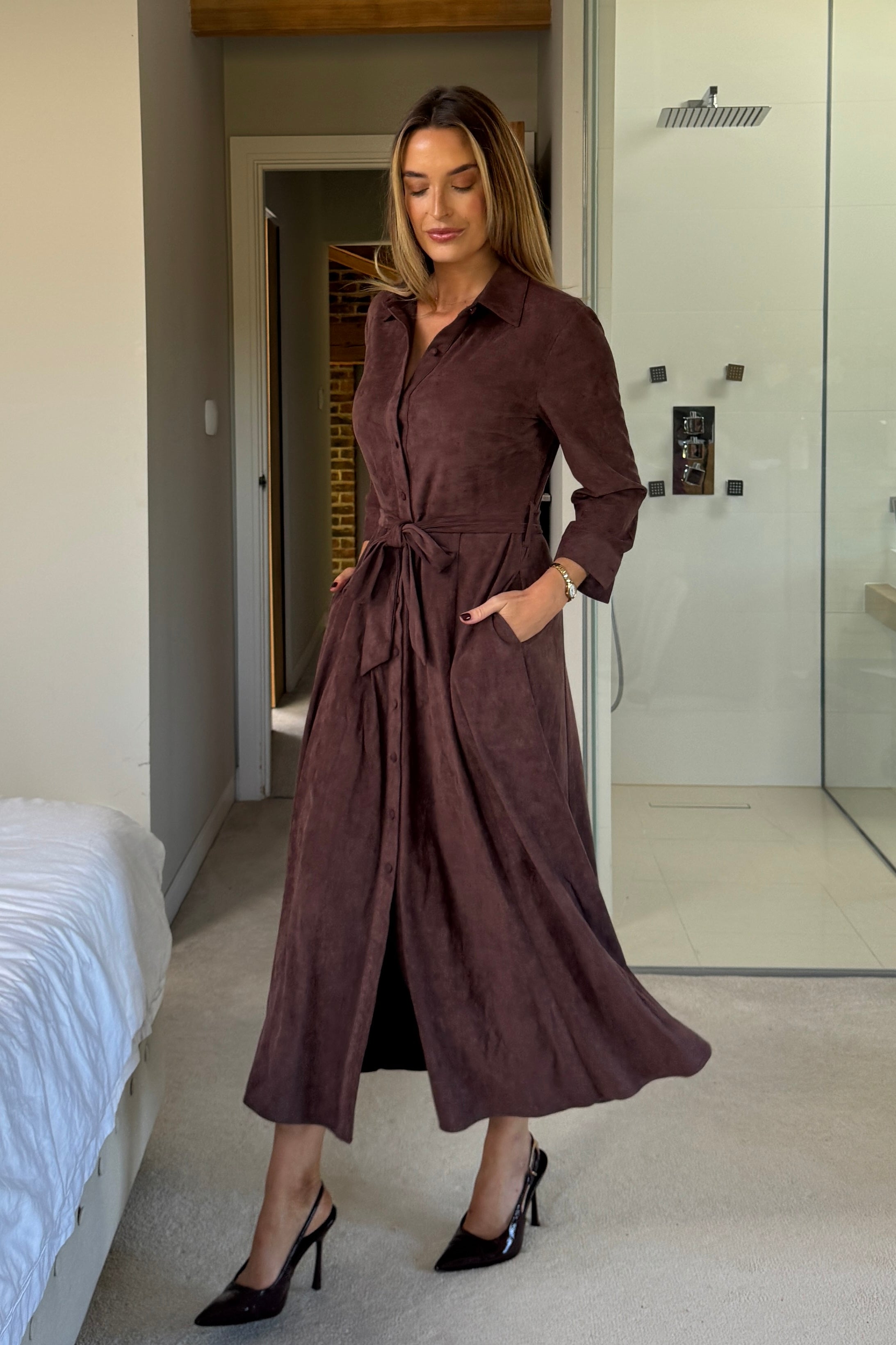 Angela Long Sleeve Maxi Shirt Dress Chocolate Suede