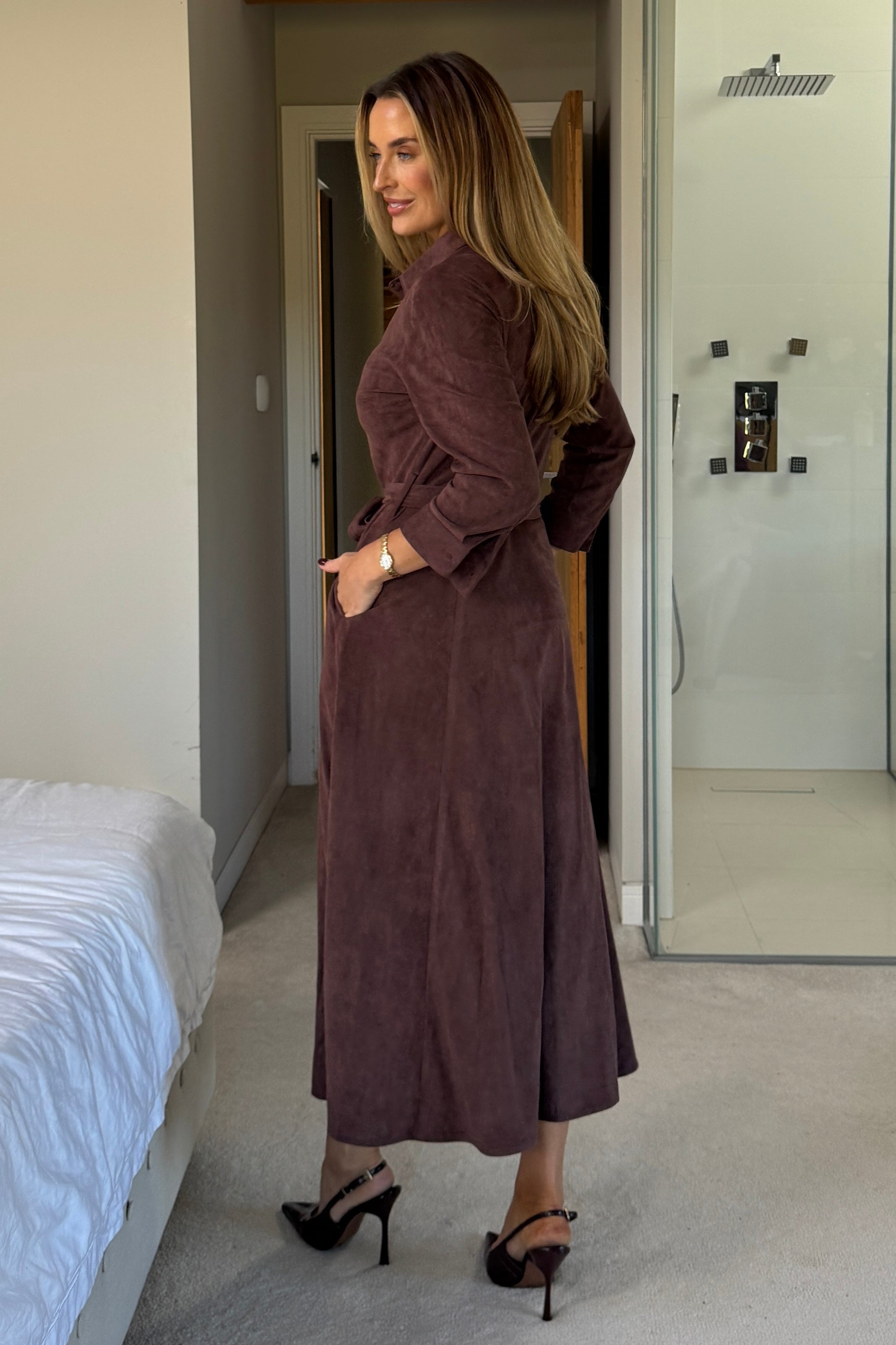 Angela Long Sleeve Maxi Shirt Dress Chocolate Suede