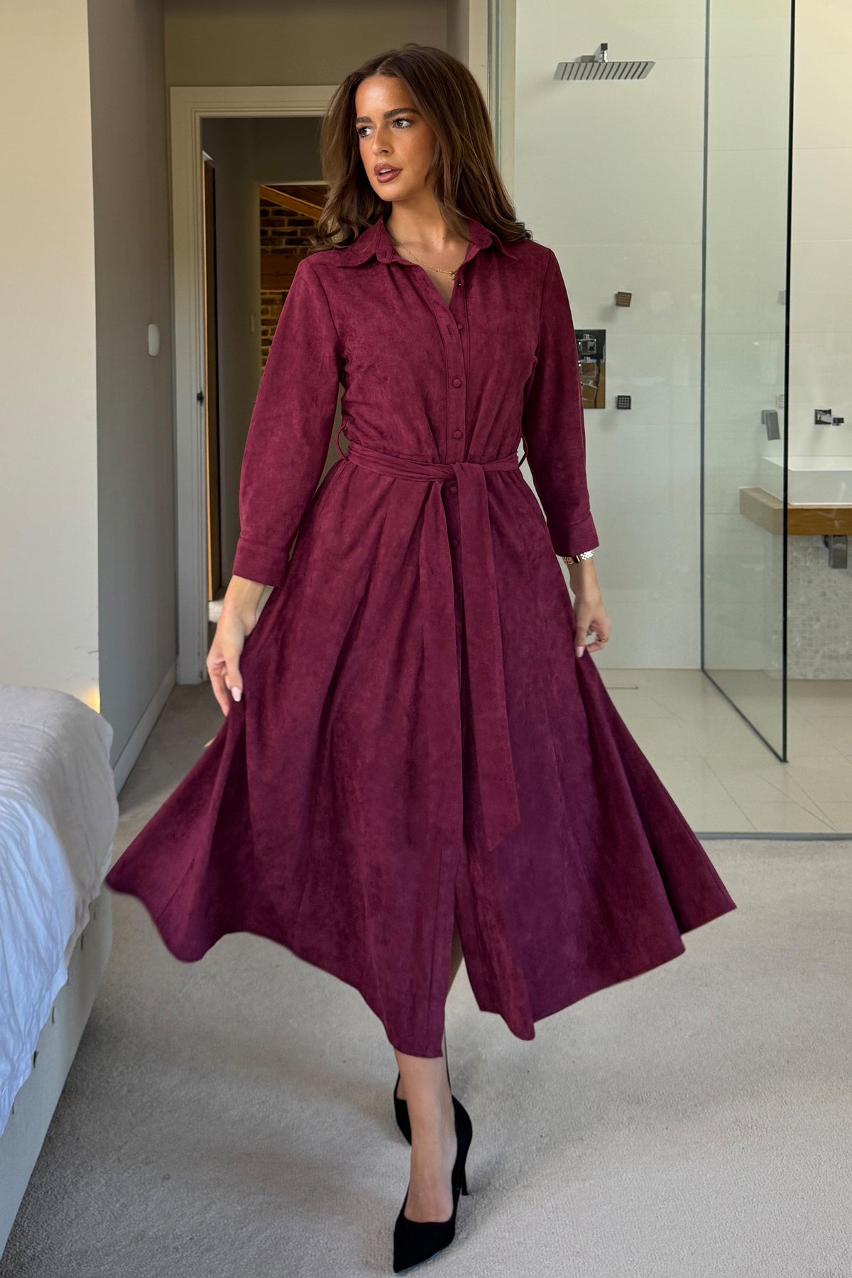 Angela Long Sleeve Maxi Shirt Dress Berry Suede