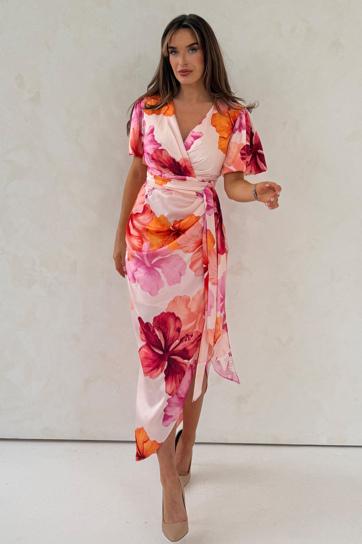 Drew Puff Sleeve Wrap Front Midi Dress Floral Print Pink