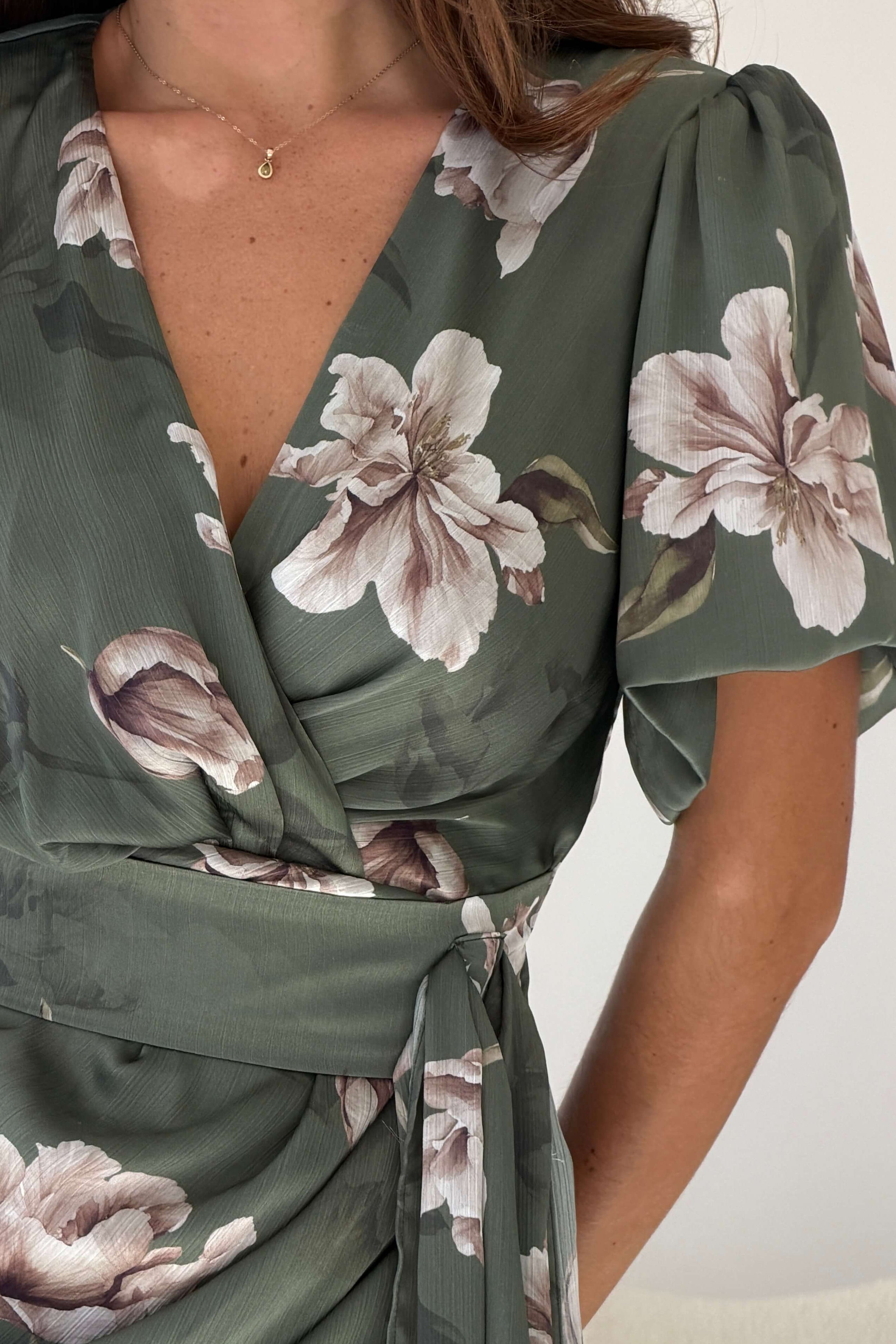 Drew Puff Sleeve Wrap Front Midi Dress Floral Print Green