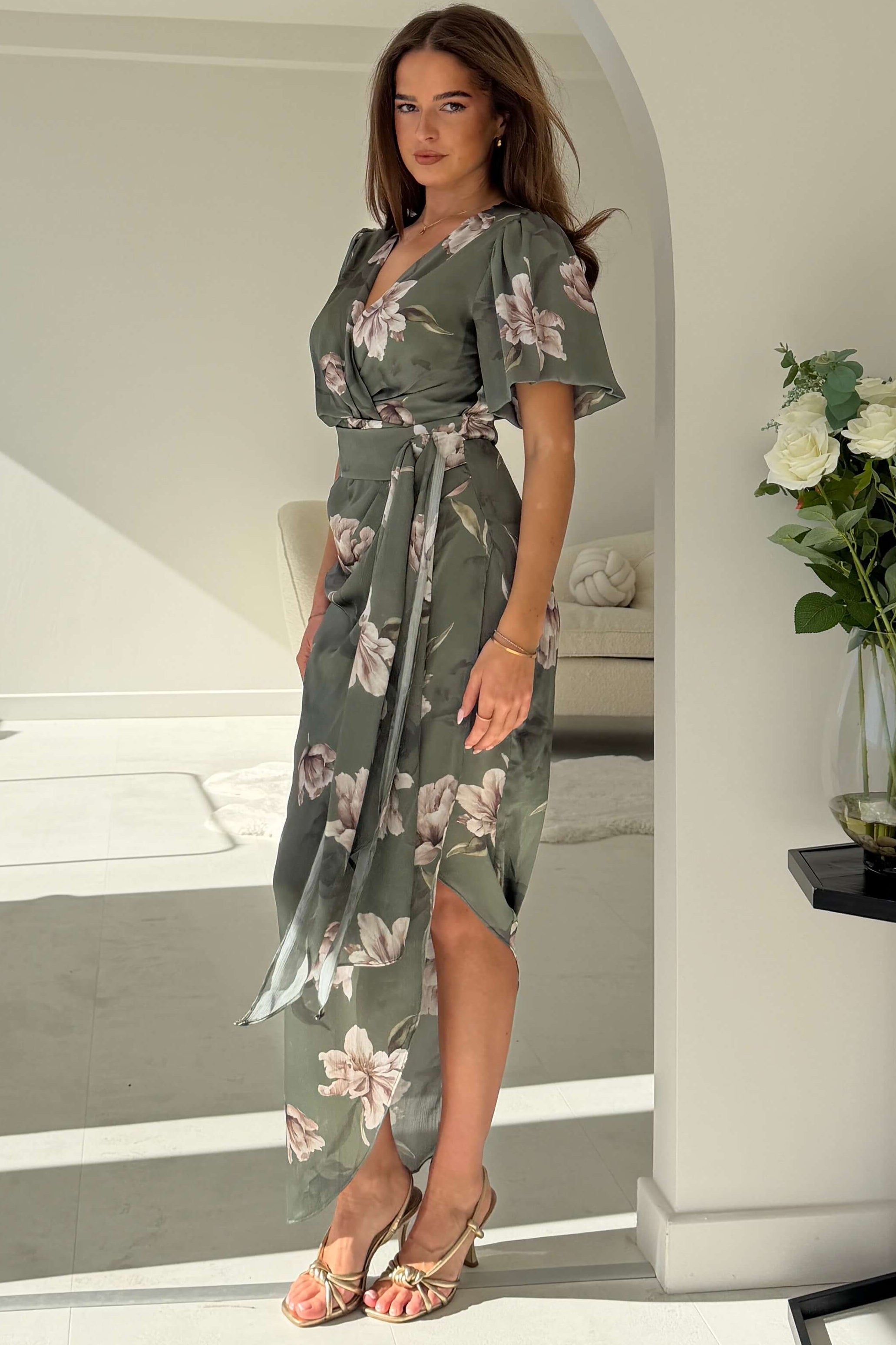 Drew Puff Sleeve Wrap Front Midi Dress Floral Print Green