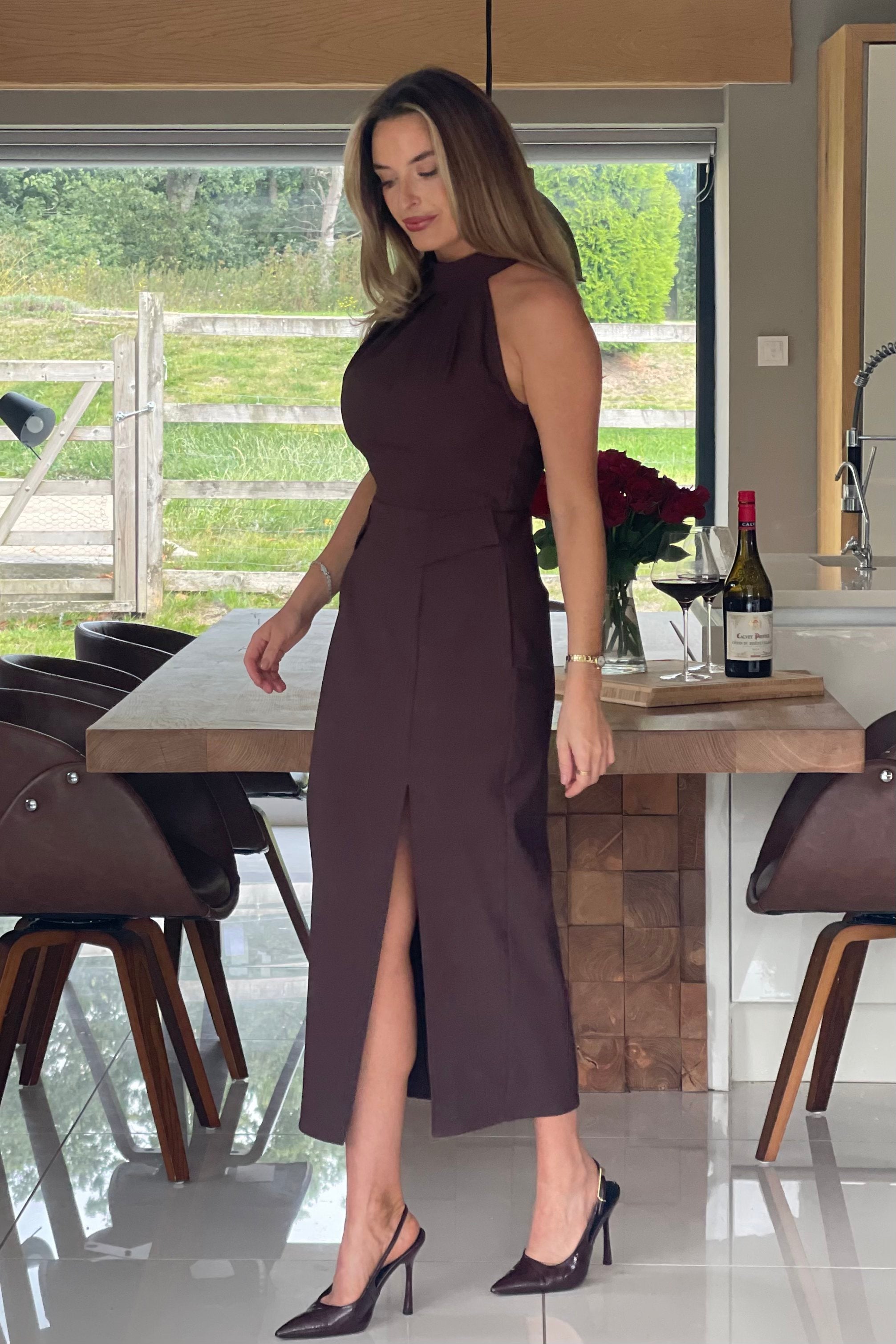 Eris Pocket Detail High Neck Midi Dress Brown