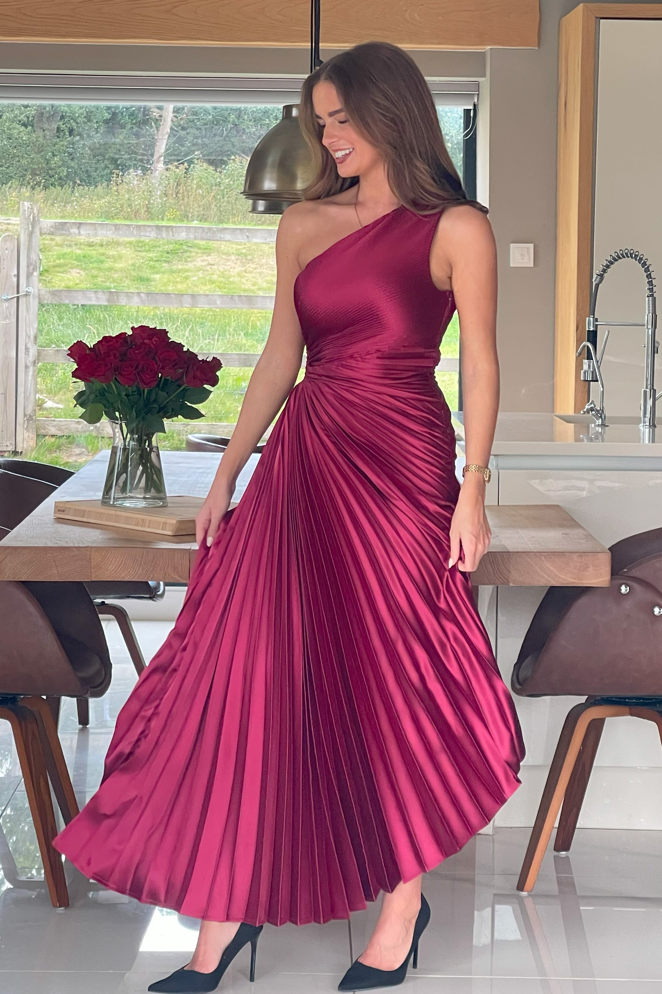 Aoife One Shoulder Pleated Midi Dress Berry