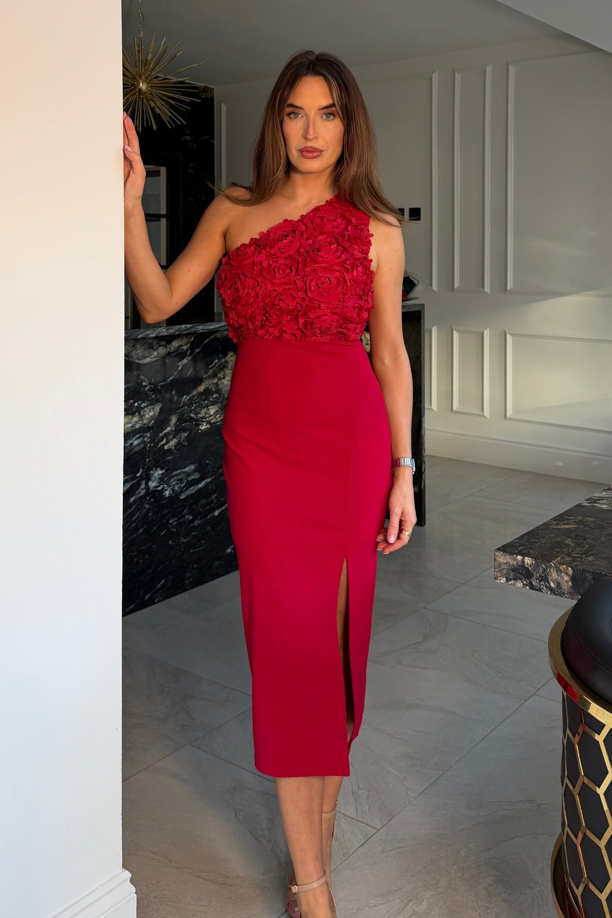 Gwyneth 3D Floral One Shoulder Midi Dress Red